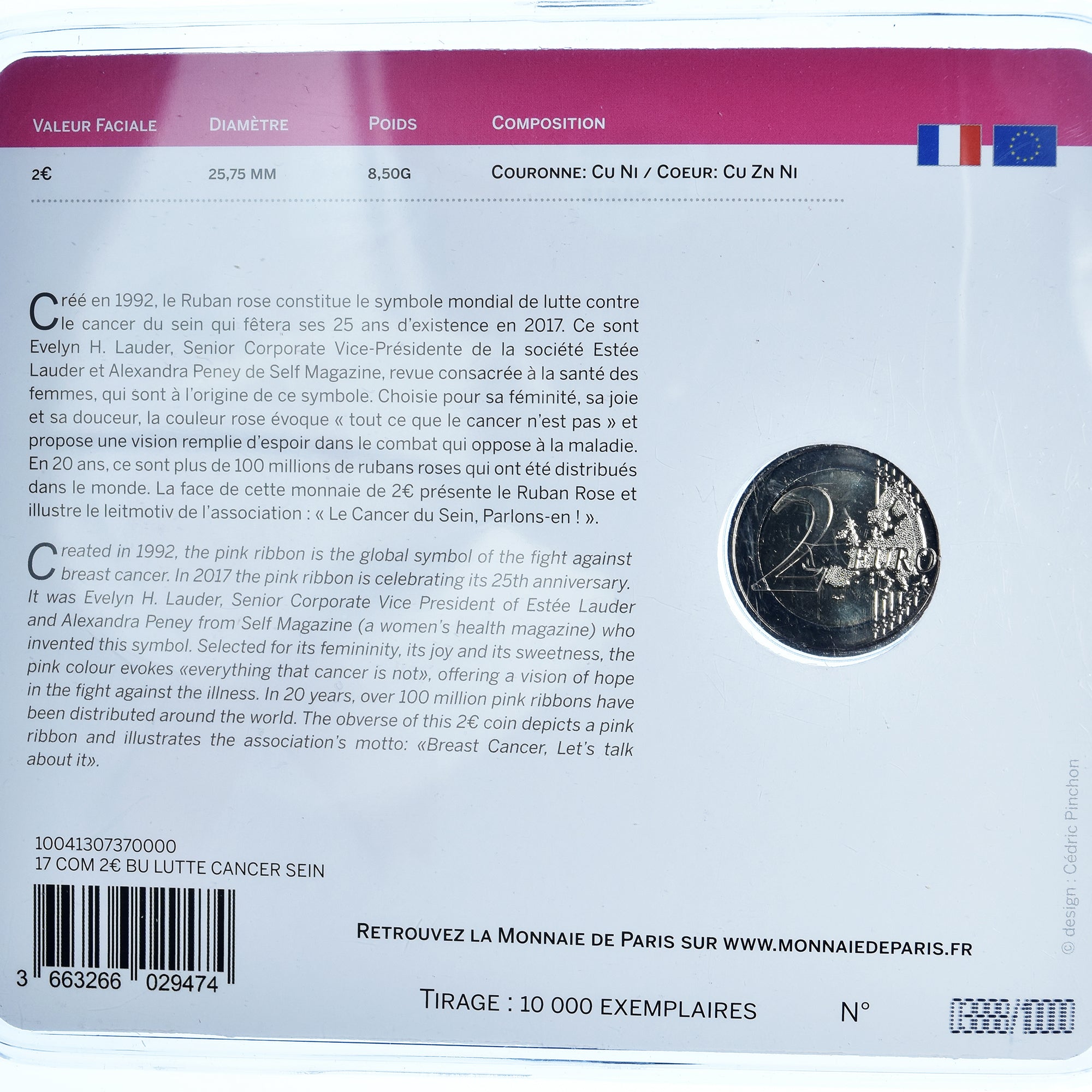 Frankreich, 2 Euro, cancer du sein, 2017, Monnaie de Paris, BU, colorisée