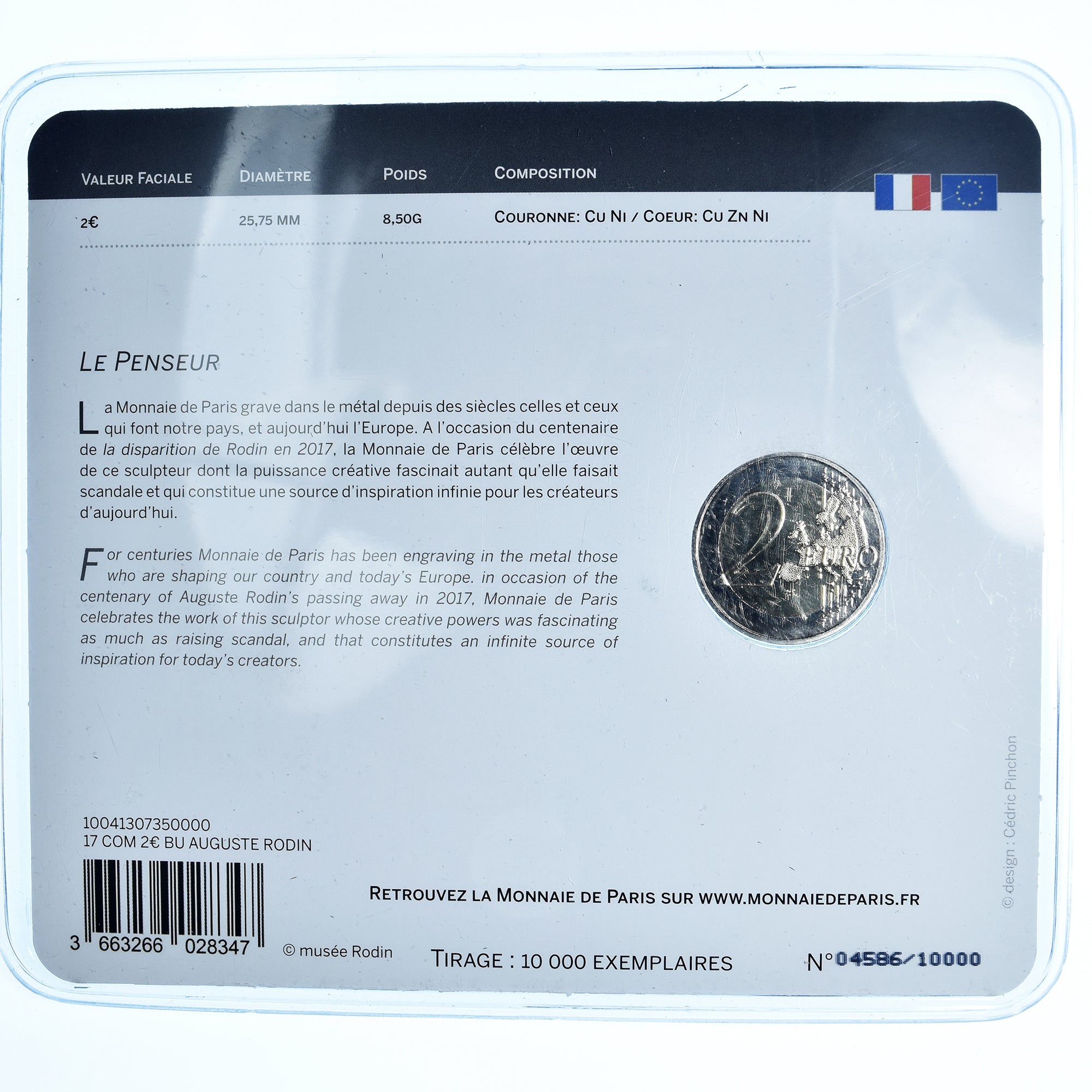 France, 2 Euro, le penseur de Rodin, 2017, Monnaie de Paris, BU, FDC