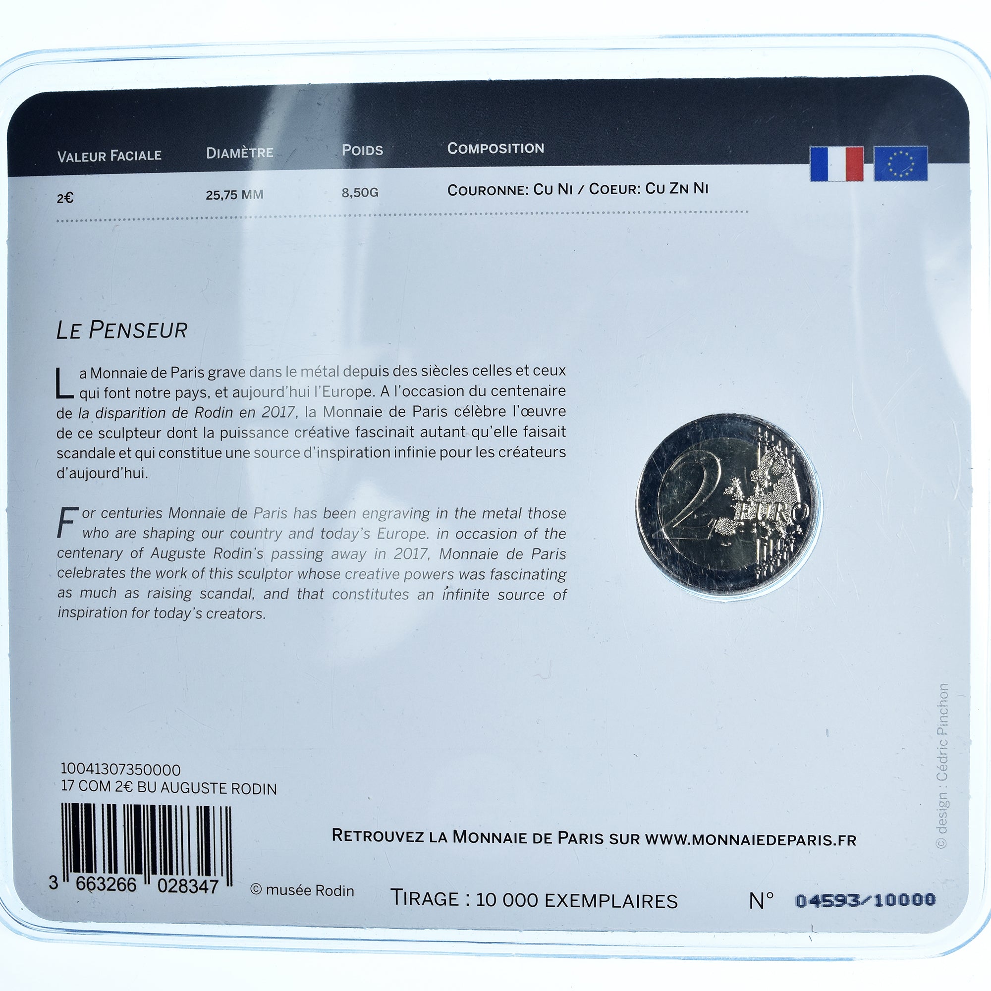 France, 2 Euro, le penseur de Rodin, 2017, Monnaie de Paris, BU, MS(65-70)