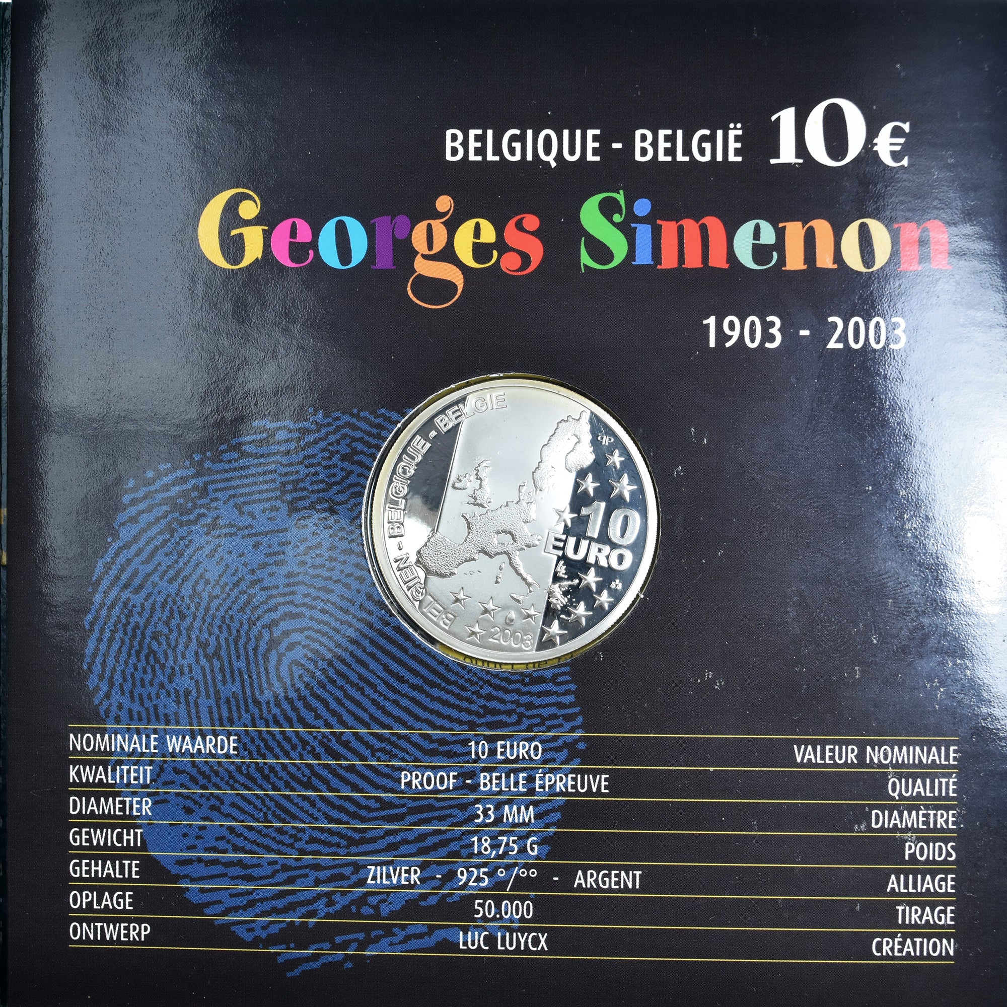 Bélgica, 10 Euro, Georges Simenon, 2003, Royal Belgium Mint, BE, FDC, Plata