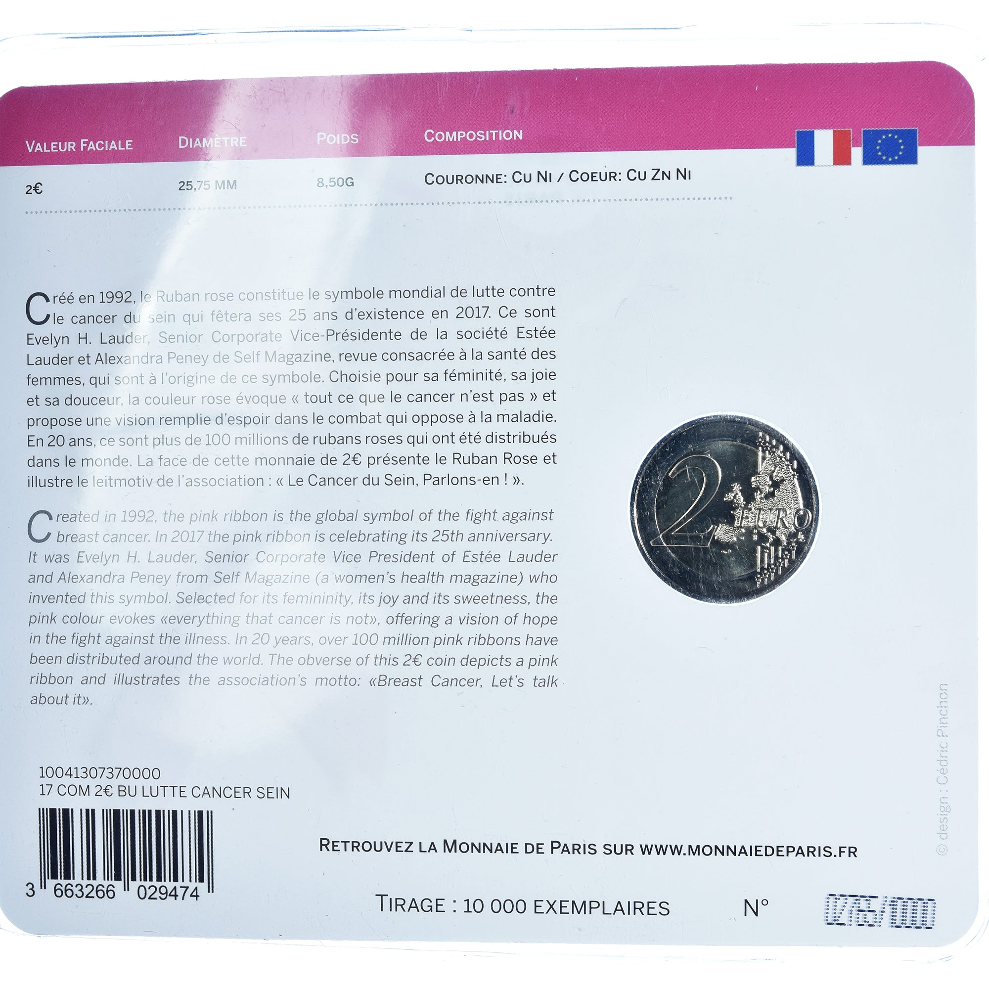 France, 2 Euro, cancer du sein, 2017, Monnaie de Paris, BU, MS(65-70)