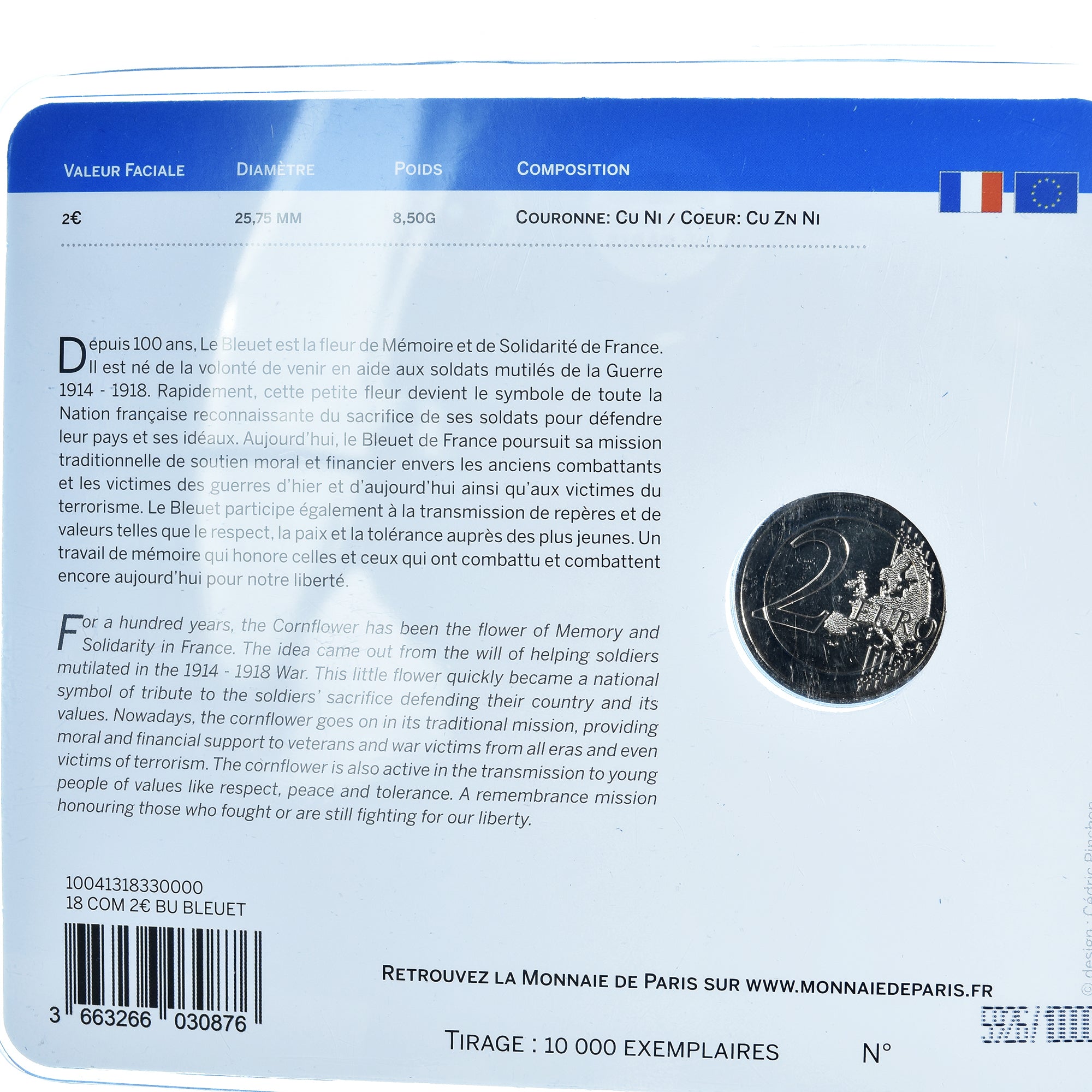France, 2 Euro, bleuet de France, 2018, Monnaie de Paris, BU, FDC, Bimétallique