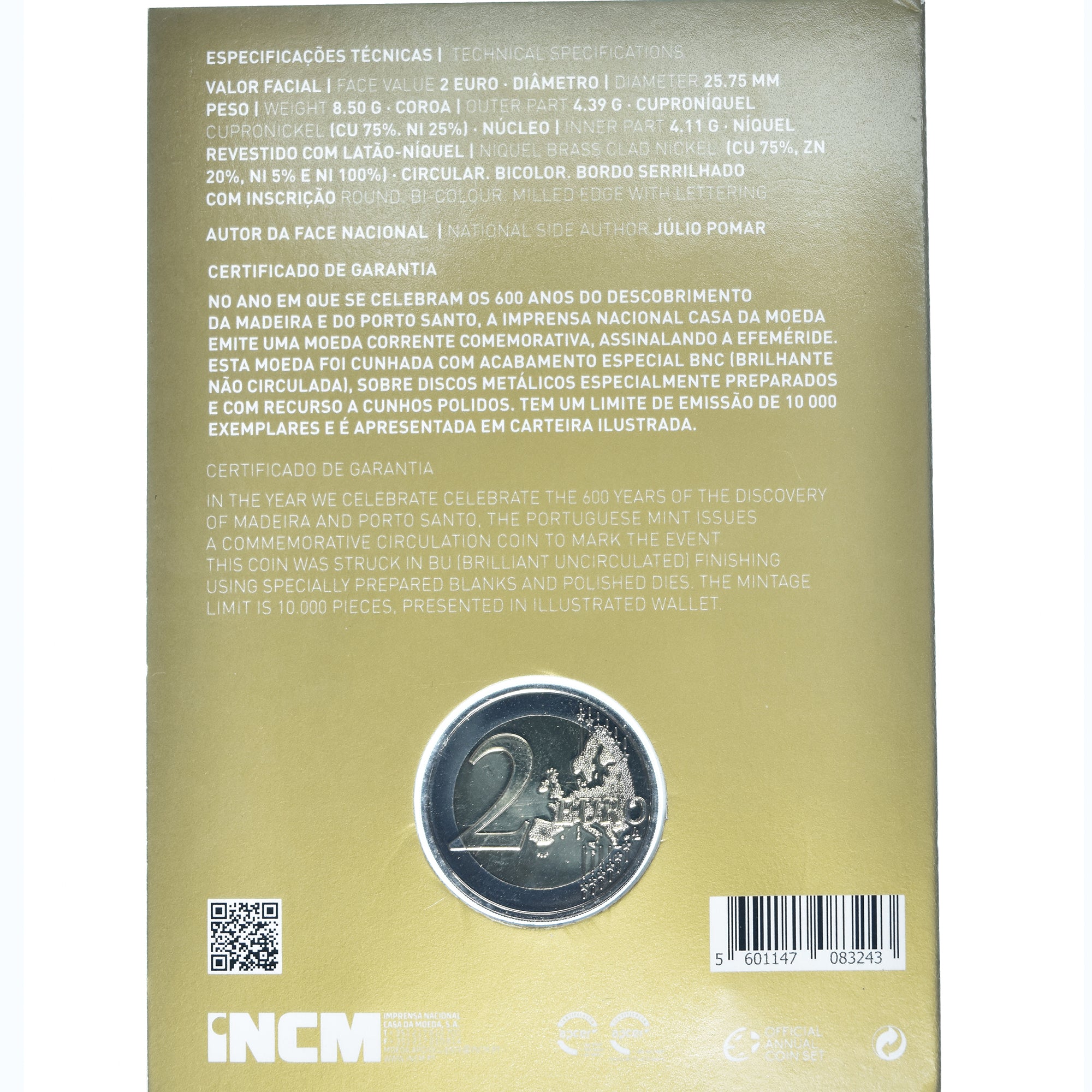 Portugal, 2 Euro, 600 anos Madeira Porto Santo, 2019, Casa da Moeda, BU