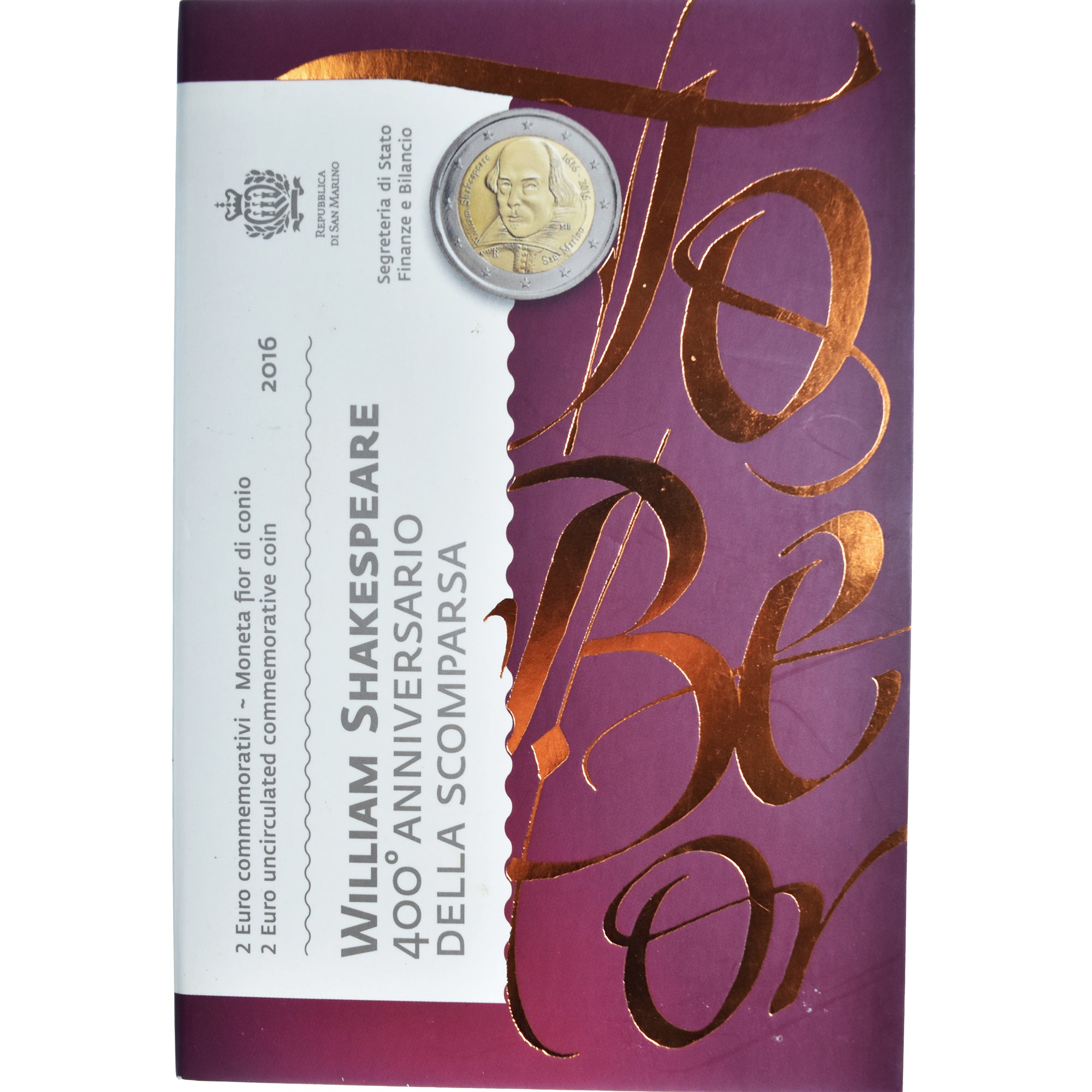 San Marino, 2 Euro, William Shakespeare - 400th Anniversary, 2016, Rome, FDC