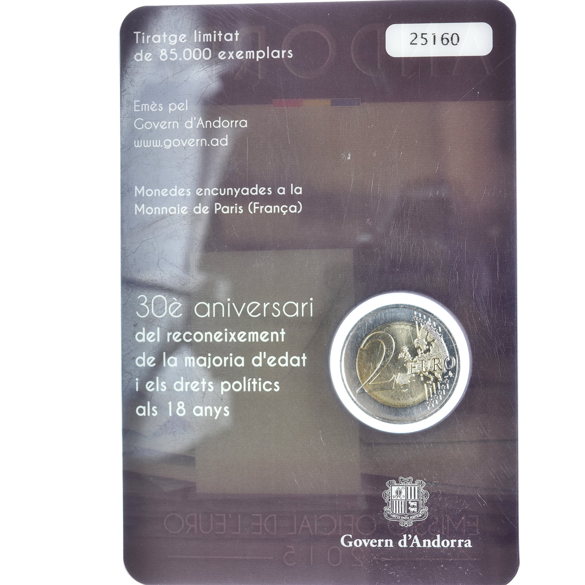 Andorra, 2 Euro, majorité à 18 ans, 2015, Monnaie de Paris, BU, FDC