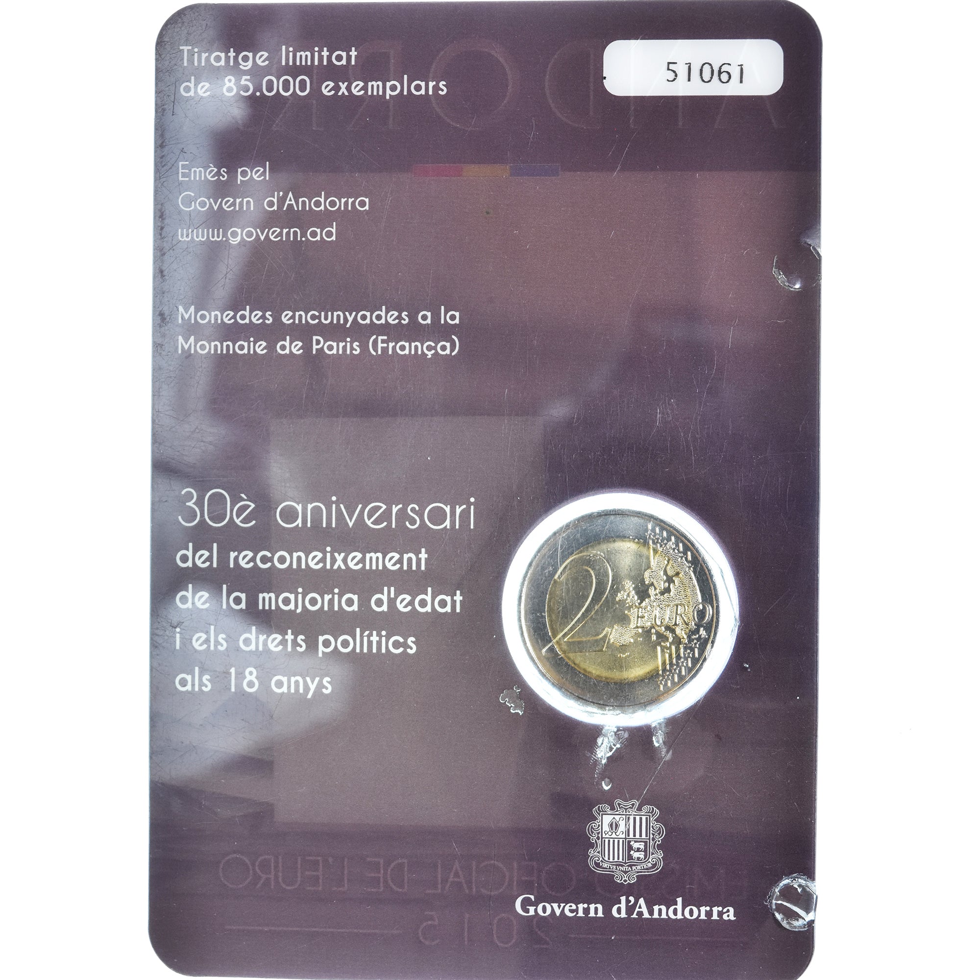 Andorra, 2 Euro, majorité à 18 ans, 2015, Monnaie de Paris, BU, FDC