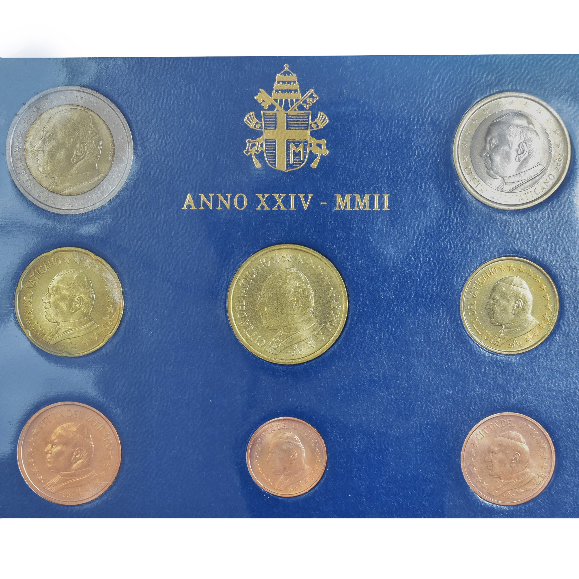Moneta, Vaticano, euro set, 1 Cent to 2 Euro, 2002, Rome, Jean Paul II, FDC
