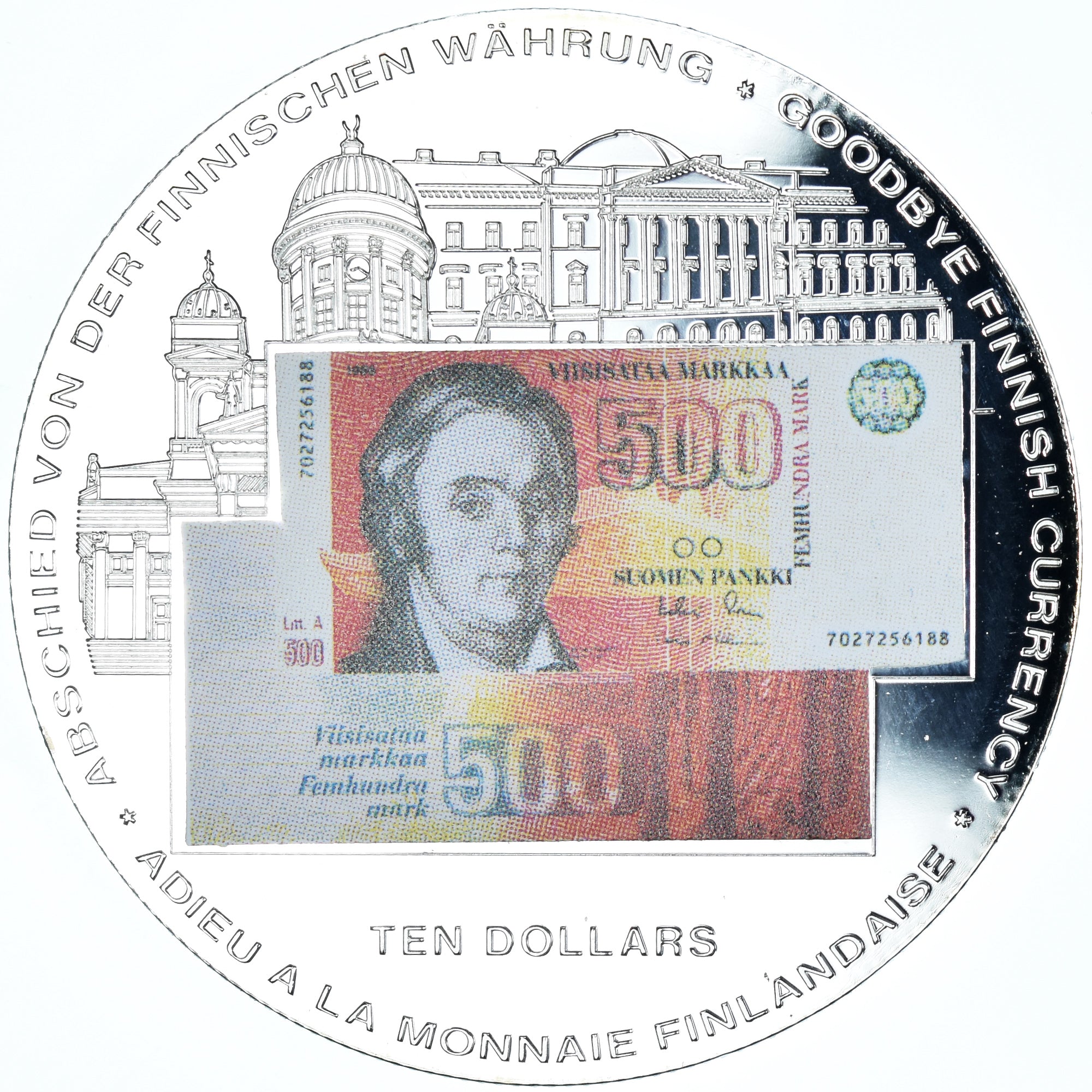 Coin, Liberia, goodbye finnish currency, 10 Dollars, 2002, Colourized