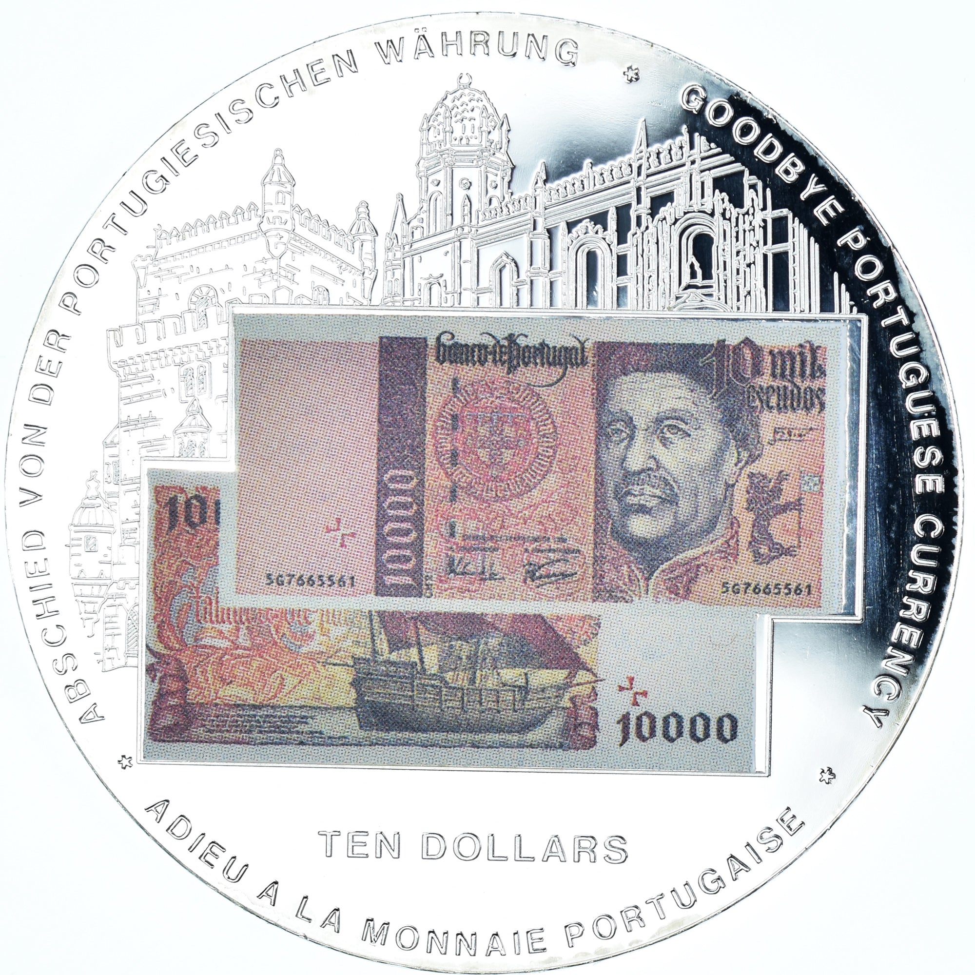 Coin, Liberia, goodbye portuguese currency, 10 Dollars, 2002, Colourized