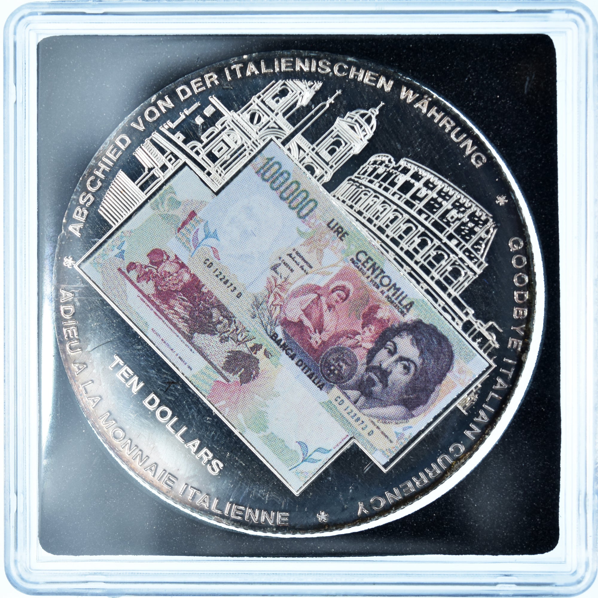 Coin, Liberia, goodbye italian currency, 10 Dollars, 2002, Colourized