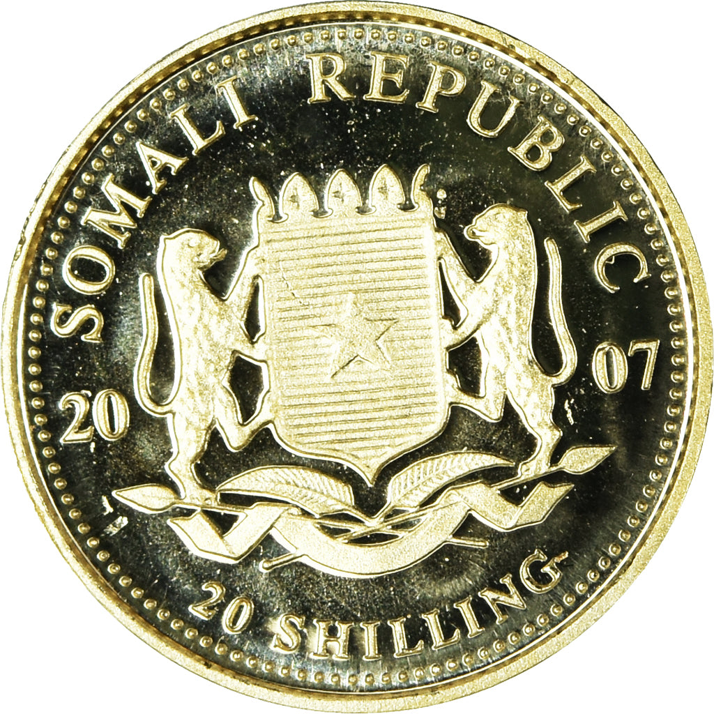 Coin, Somalia, Elephant, 20 Shillings, 2007, Munich, MS(65-70), Gold, KM:200