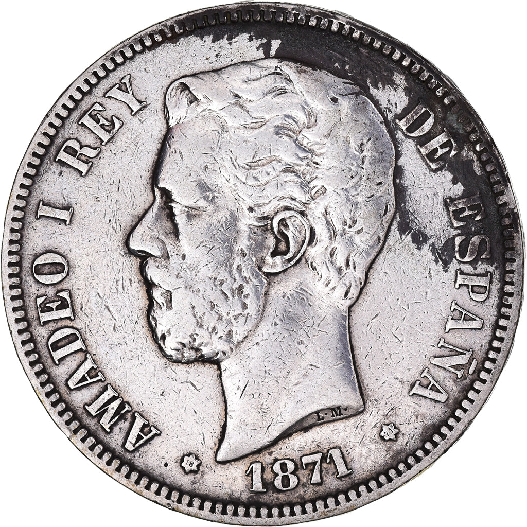 Coin, Spain, Amadeao I, 5 Pesetas, 1871, Madrid, VF(30-35), Silver, KM:666