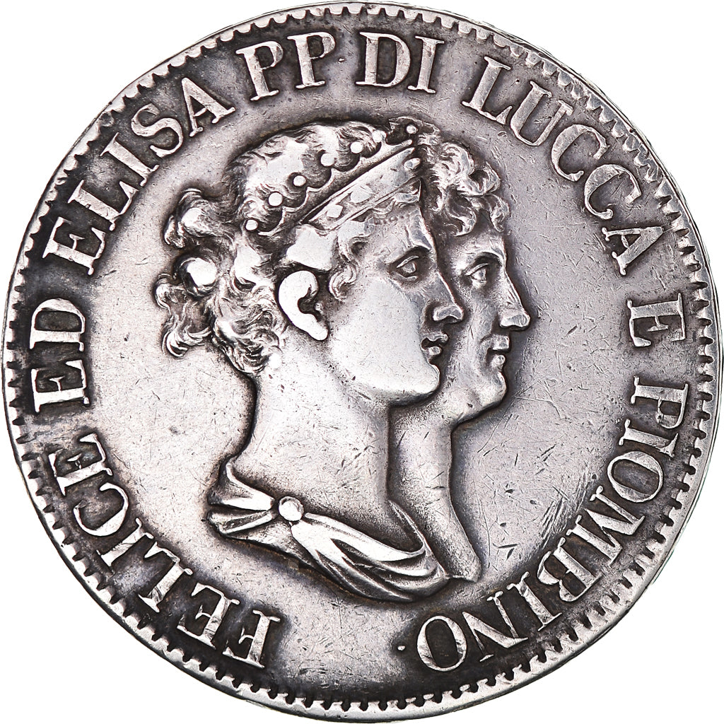 Moneta, DEPARTAMENTY WŁOSKIE, LUCCA, Felix and Elisa, 5 Franchi, 1807, Firenze