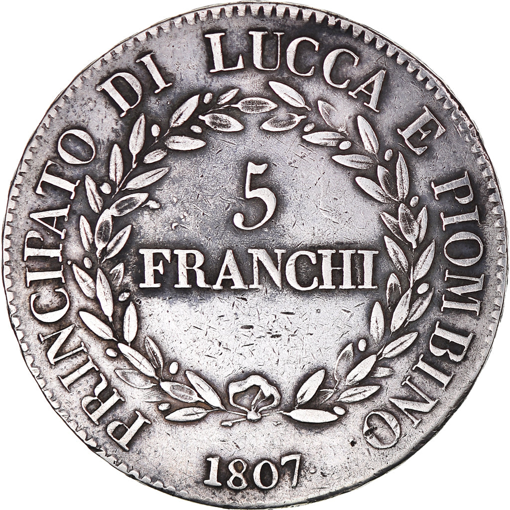 Moneta, DEPARTAMENTY WŁOSKIE, LUCCA, Felix and Elisa, 5 Franchi, 1807, Firenze