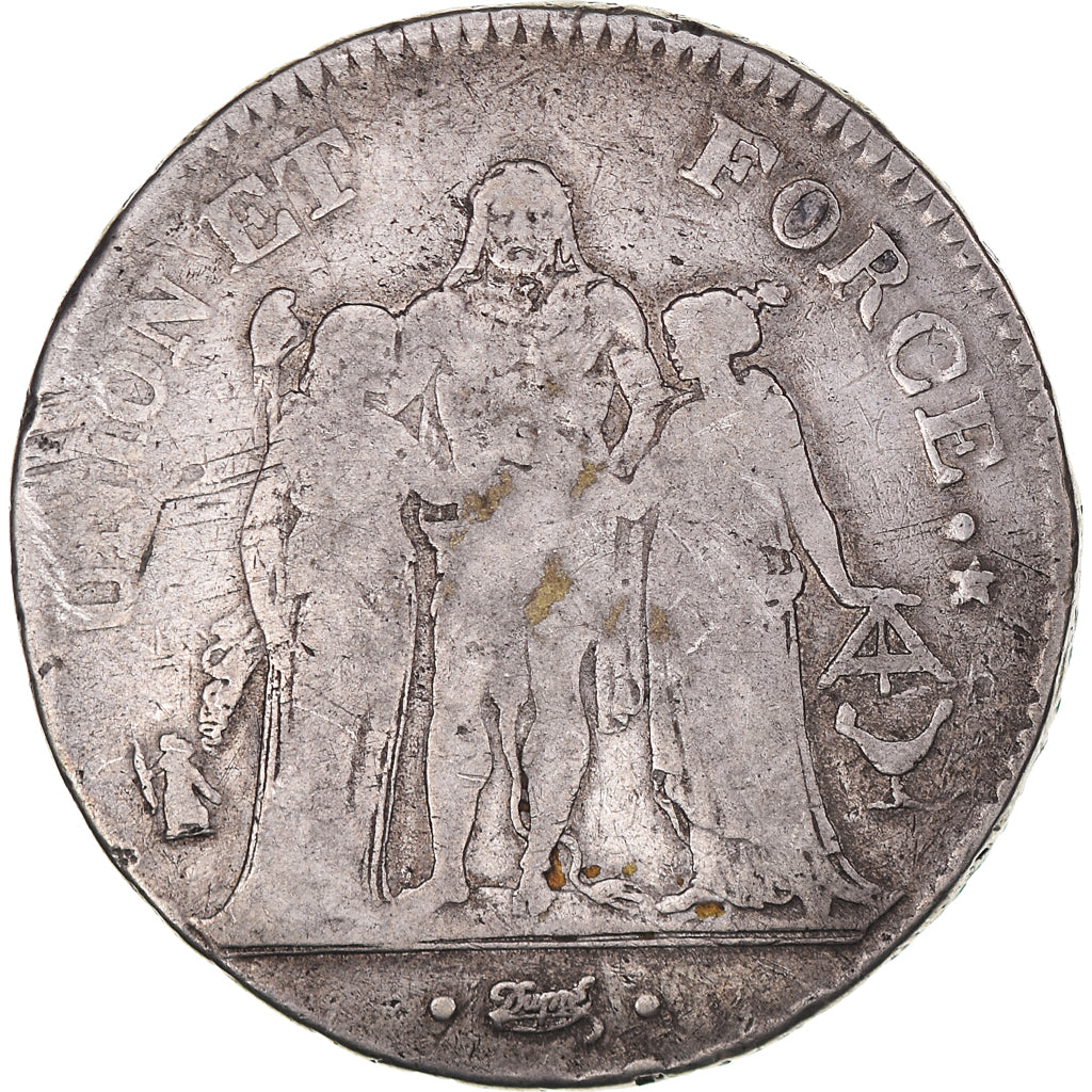 Moeda, França, Union et Force, 5 Francs, An 6/5, Bordeaux, VF(20-25), Prata