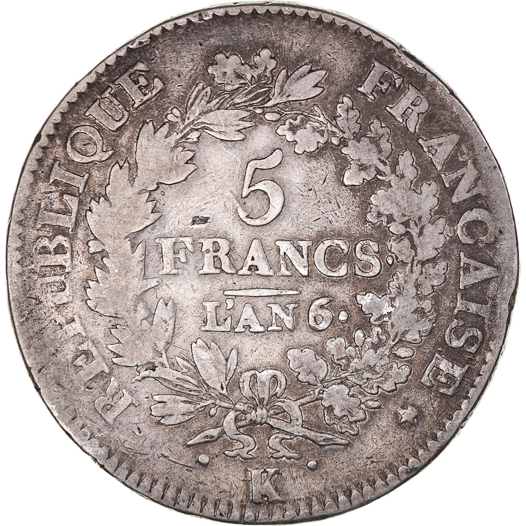 Moeda, França, Union et Force, 5 Francs, An 6/5, Bordeaux, VF(20-25), Prata