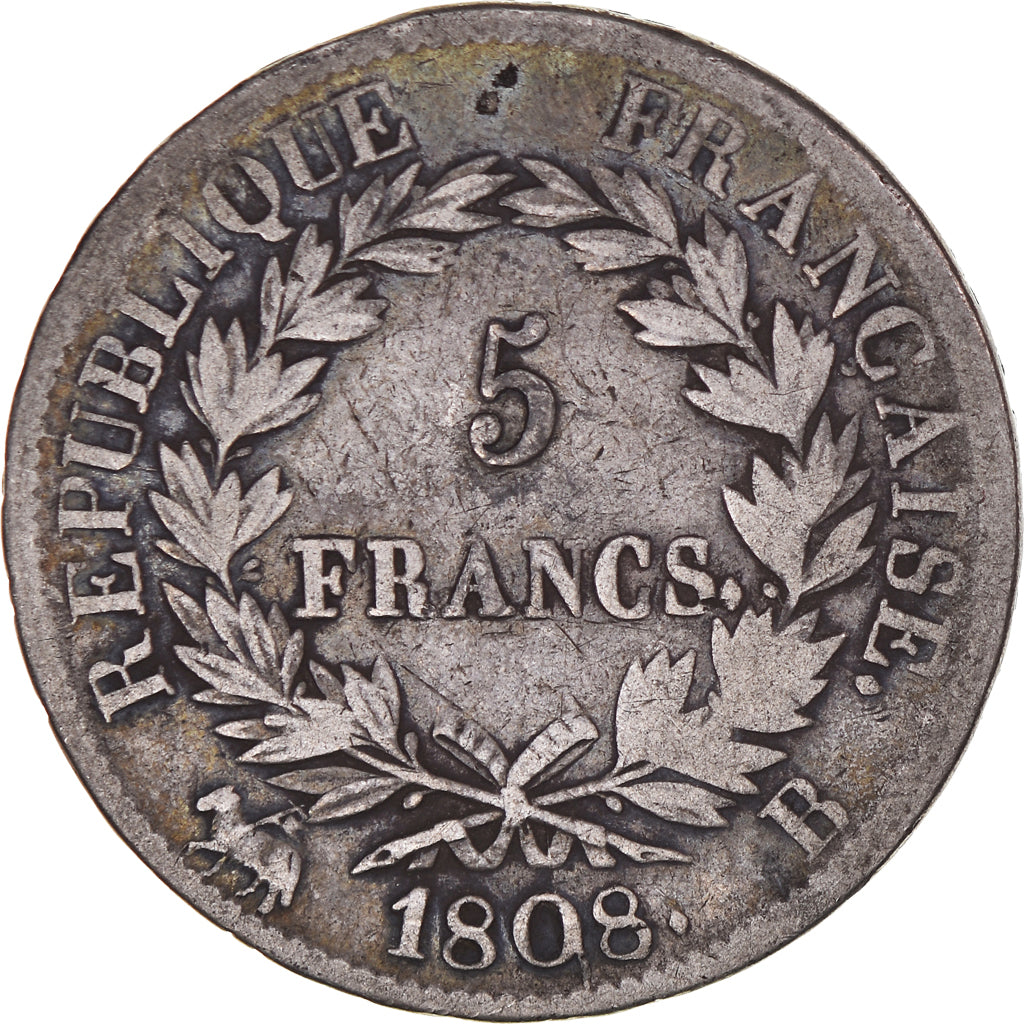 Moneta, Francia, Napoleon I, 5 Francs, 1808, Rouen, MB+, Argento, KM:686.2