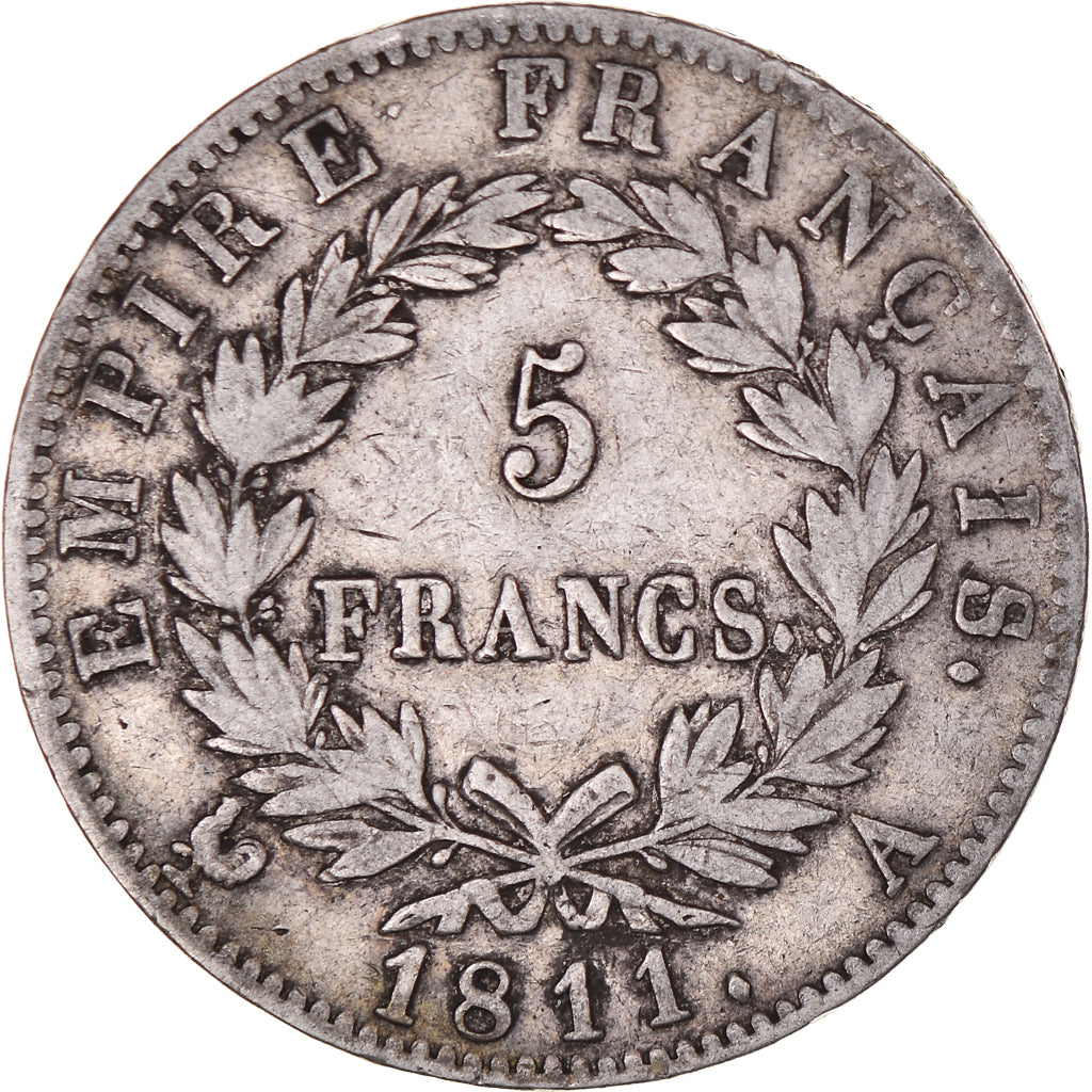 Moeda, França, Napoleon I, 5 Francs, 1811, Paris, VF(30-35), Prata, KM:694.1