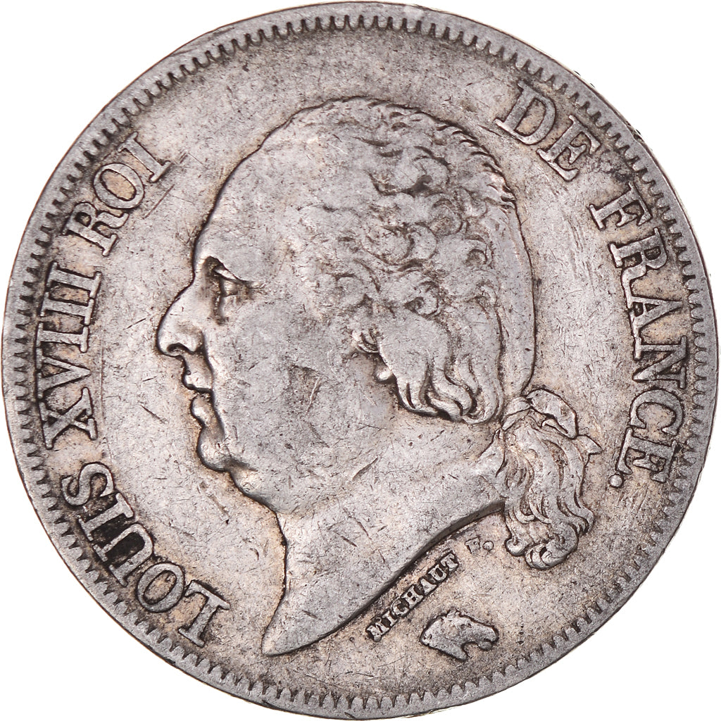 Moeda, França, Louis XVIII, 5 Francs, 1823, Bayonne, VF(30-35), Prata