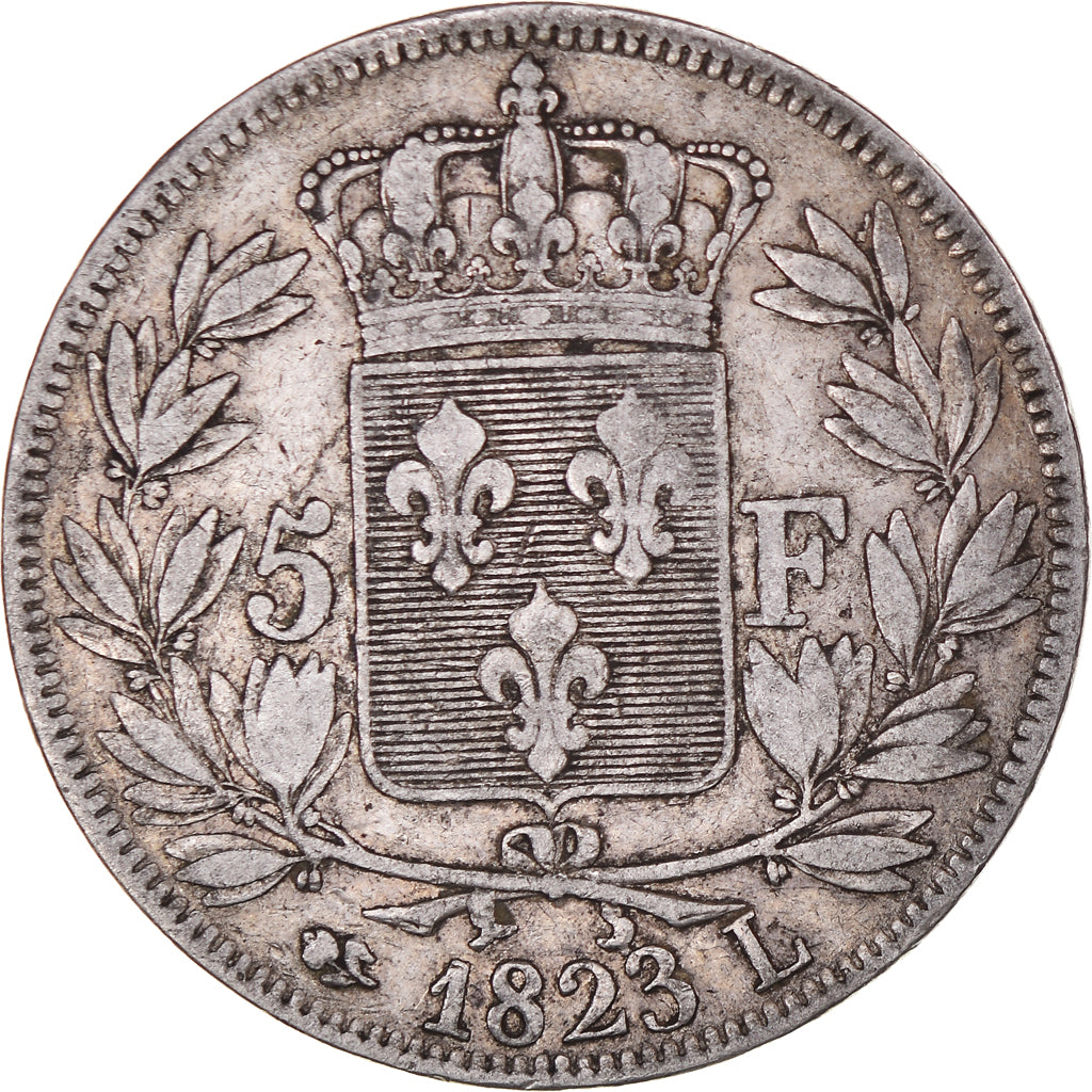 Moeda, França, Louis XVIII, 5 Francs, 1823, Bayonne, VF(30-35), Prata