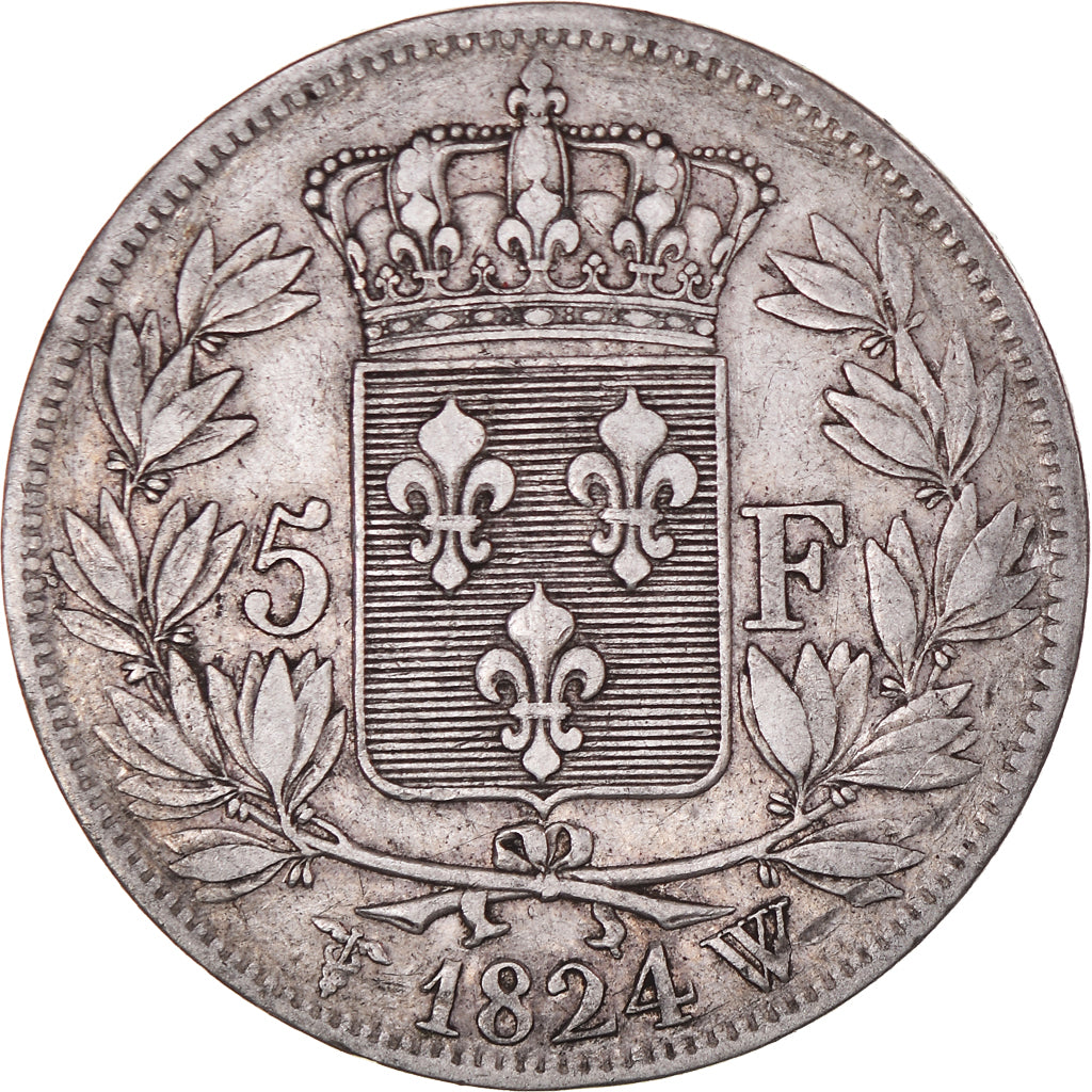 Coin, France, Louis XVIII, 5 Francs, 1824, Lille, VF(30-35), Silver, KM:711.13