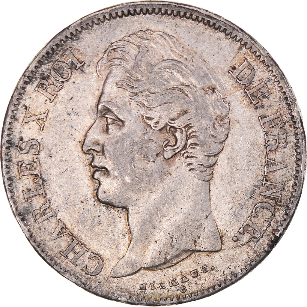 Moeda, França, Charles X, 5 Francs, 1827, Bayonne, EF(40-45), Prata, KM:728.8