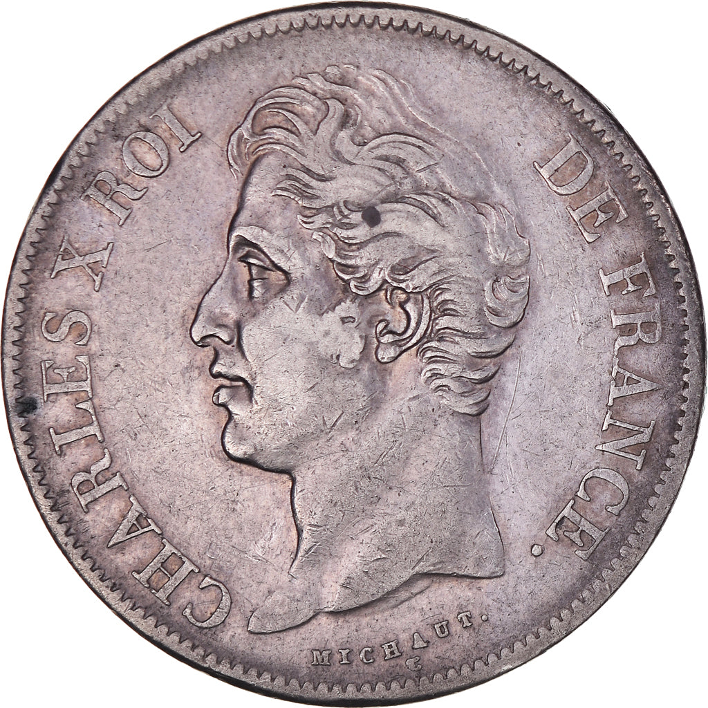 Moeda, França, Charles X, 5 Francs, 1827, Nantes, EF(40-45), Prata, KM:728.12