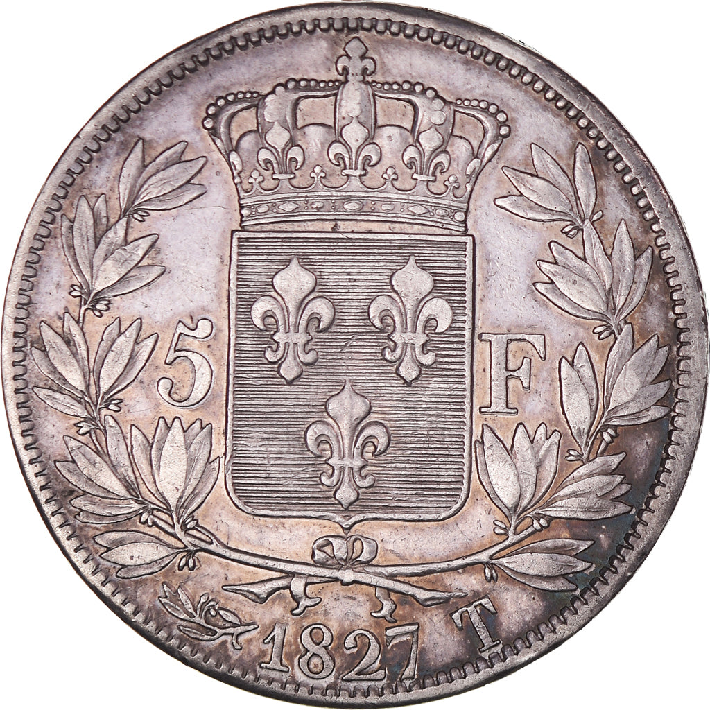 Moeda, França, Charles X, 5 Francs, 1827, Nantes, EF(40-45), Prata, KM:728.12