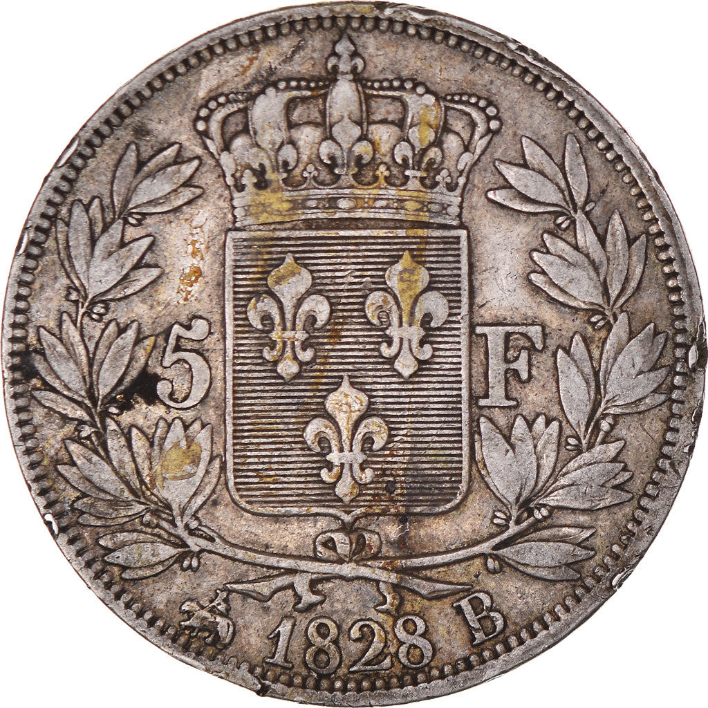 Munten, Frankrijk, Charles X, 5 Francs, 1828, Rouen, FR+, Zilver, KM:728.2