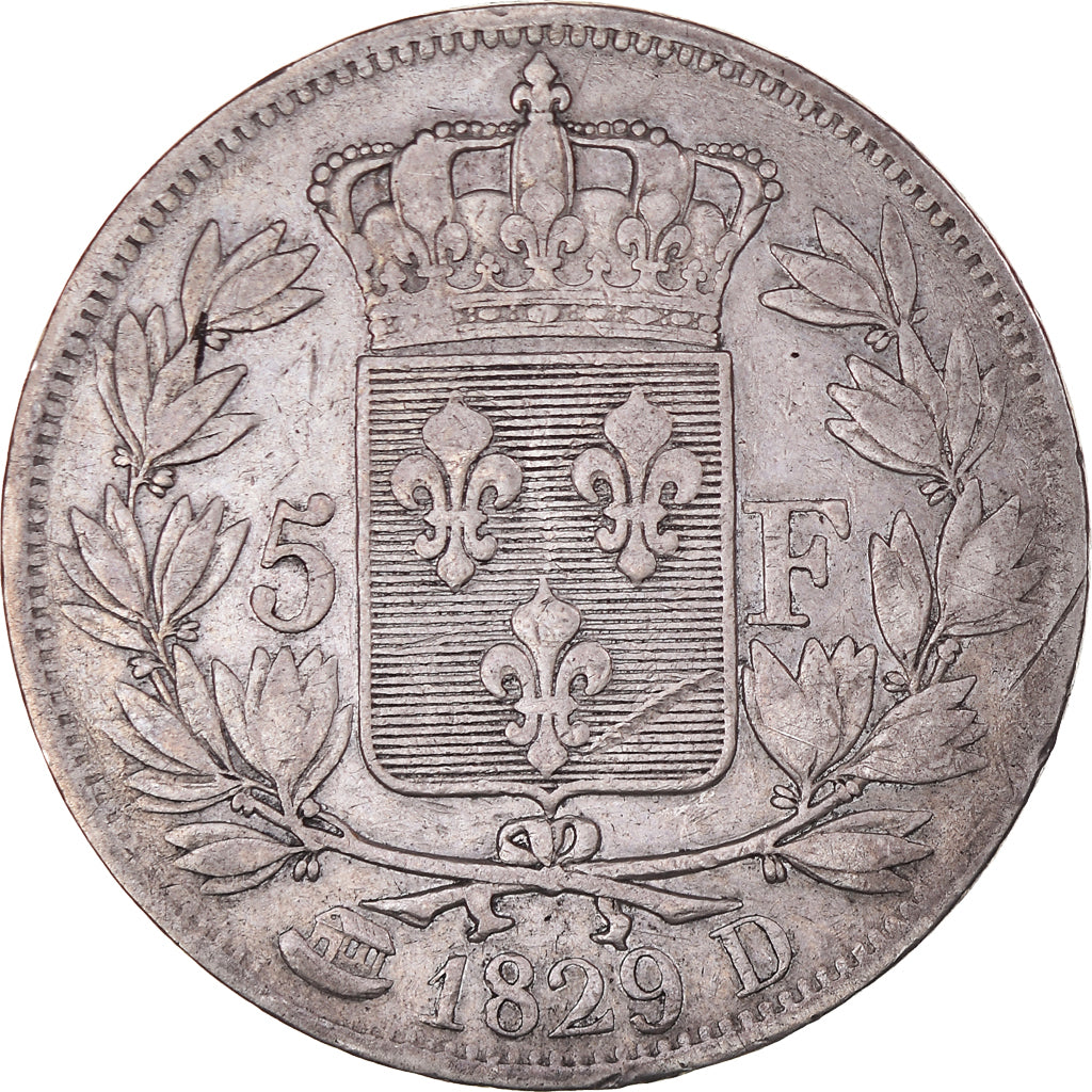 Coin, France, Charles X, 5 Francs, 1829, Lyon, VF(30-35), Silver, KM:728.4