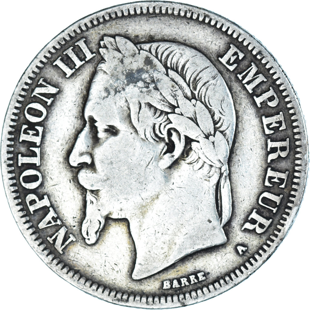 Moneda, Francia, Napoleon III, 2 Francs, 1869, Paris, BC+, Plata, KM:807.1