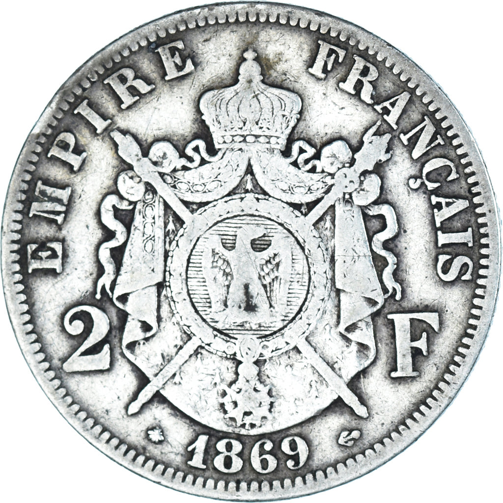 Moneda, Francia, Napoleon III, 2 Francs, 1869, Paris, BC+, Plata, KM:807.1