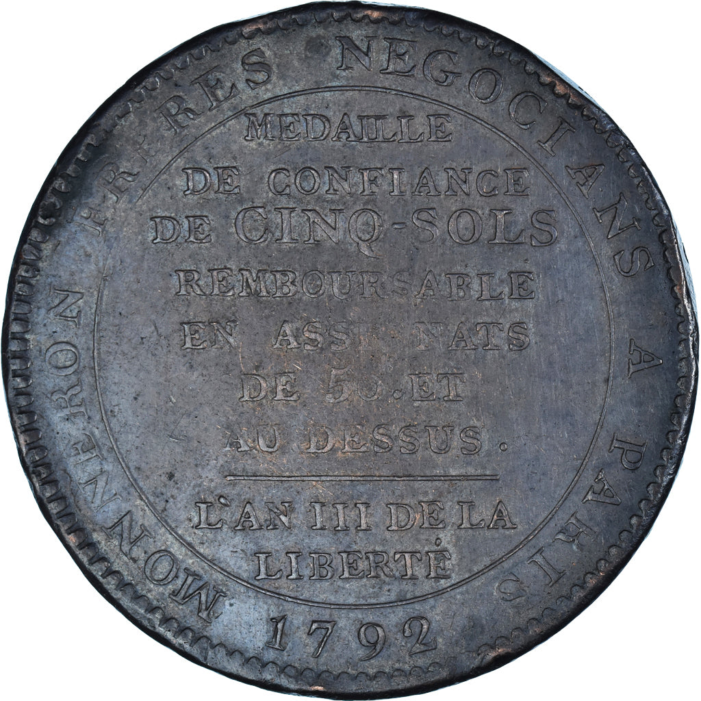Coin, France, Monneron de 5 Sols, 1792, Paris, VF(30-35), Bronze