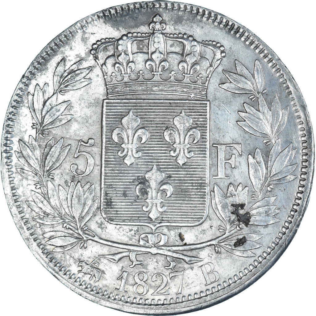 Coin, France, Charles X, 5 Francs, 1827, Rouen, AU(50-53), Silver, KM:728.2