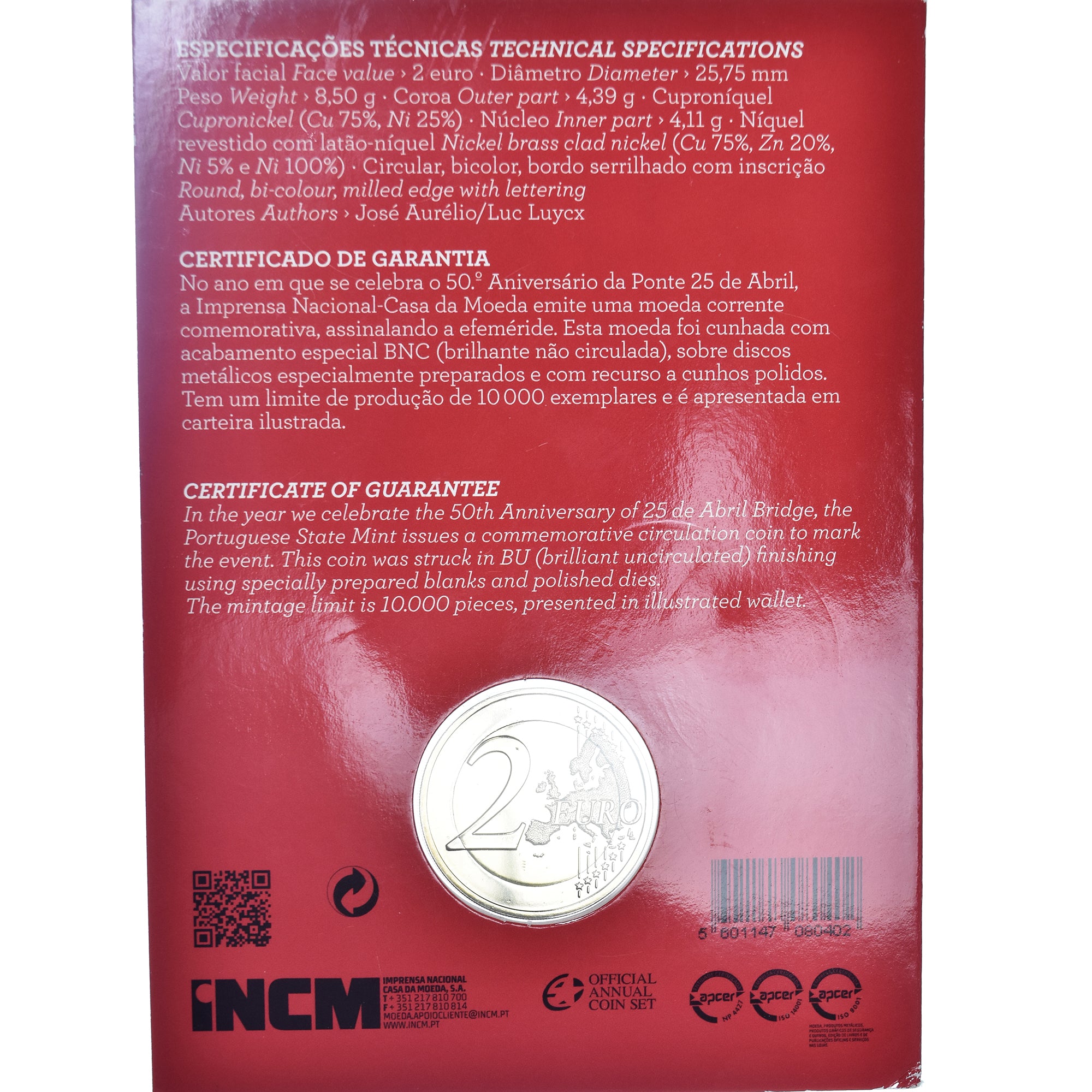 Portogallo, 2 Euro, ponte de 25 abril, 2016, Casa da Moeda, BU, FDC
