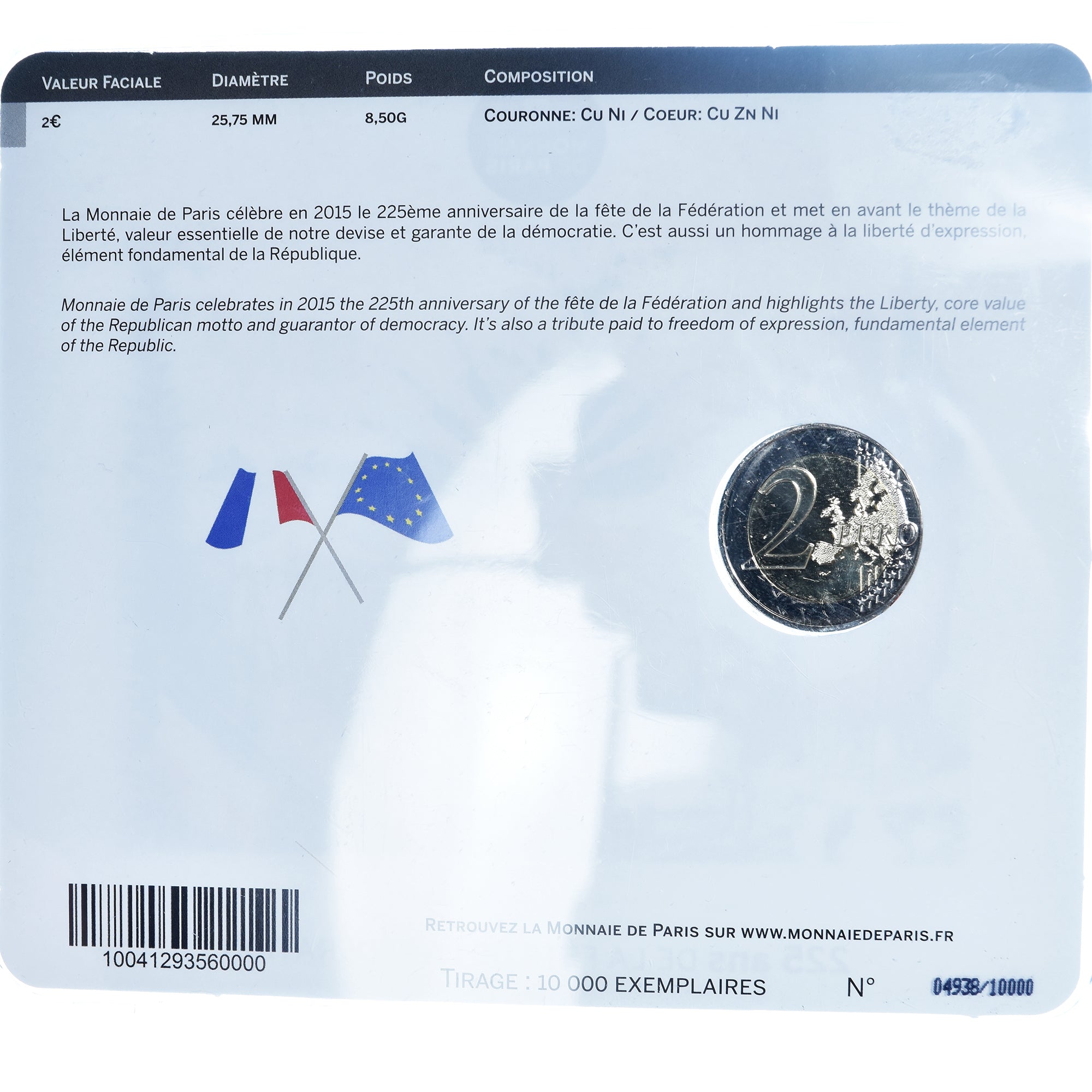 Frankreich, 2 Euro, fête de la Fédération, 2015, Monnaie de Paris, BU