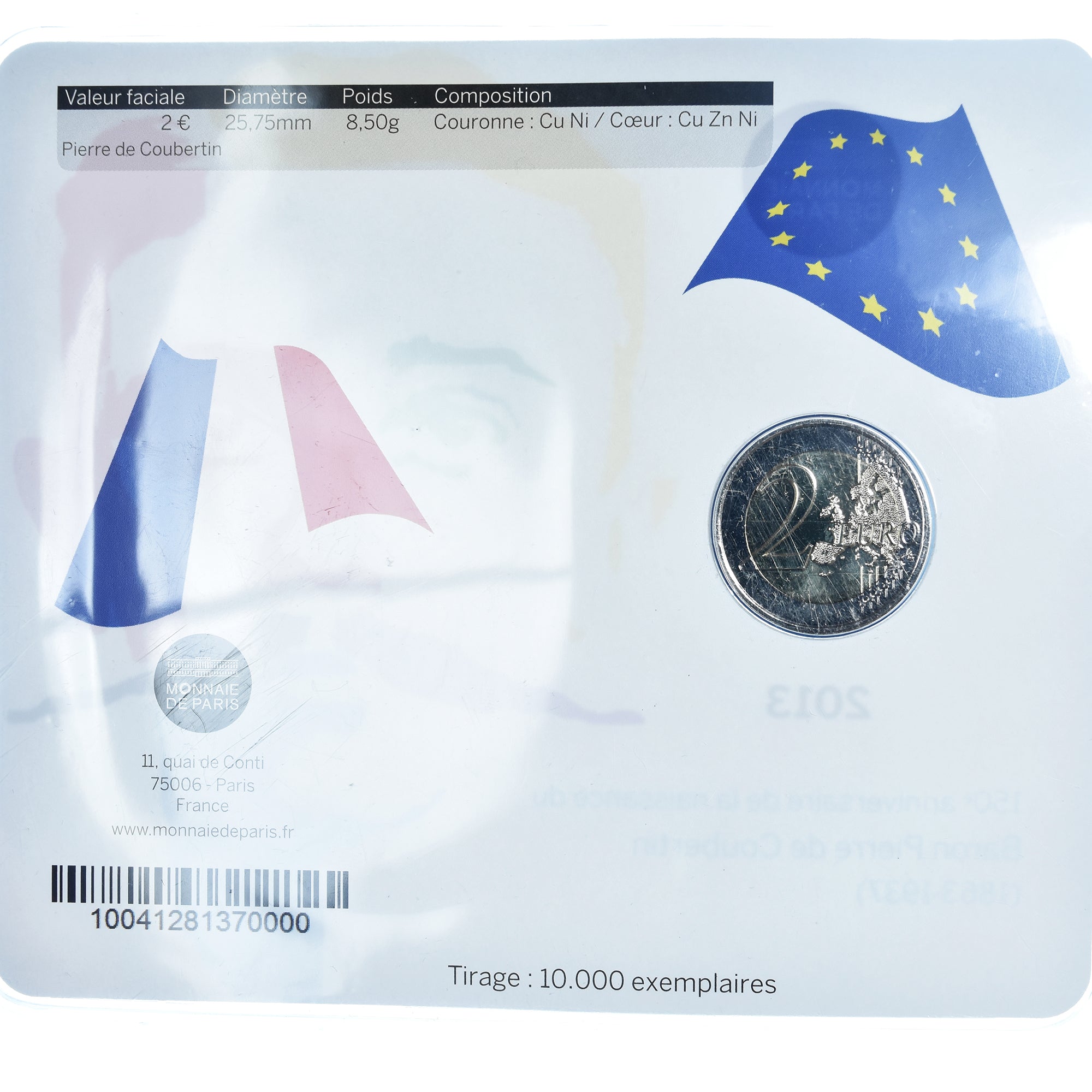 France, 2 Euro, Pierre de Coubertin, 2013, Monnaie de Paris, BU, MS(65-70)