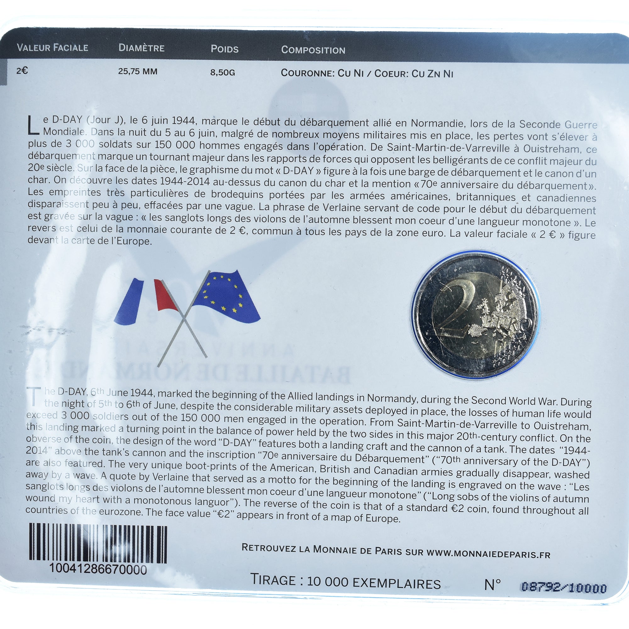 France, 2 Euro, D-day, 2014, Monnaie de Paris, BU, MS(65-70), Bi-Metallic