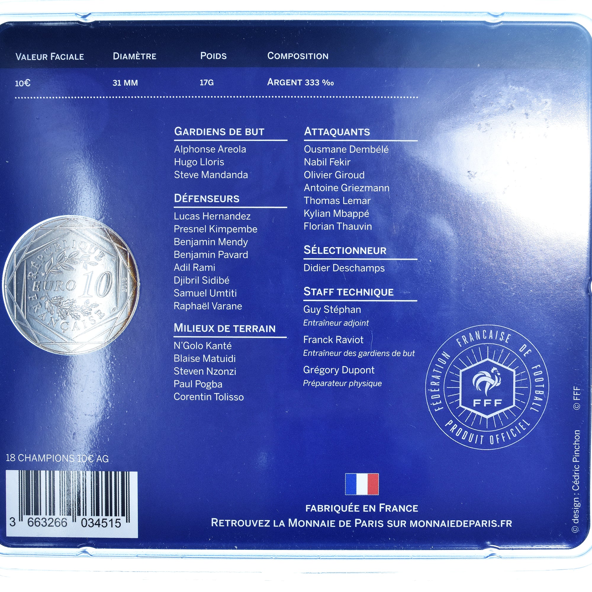 Frankrijk, 10 Euro, Champions du Monde, 2018, Monnaie de Paris, BU, FDC, Zilver