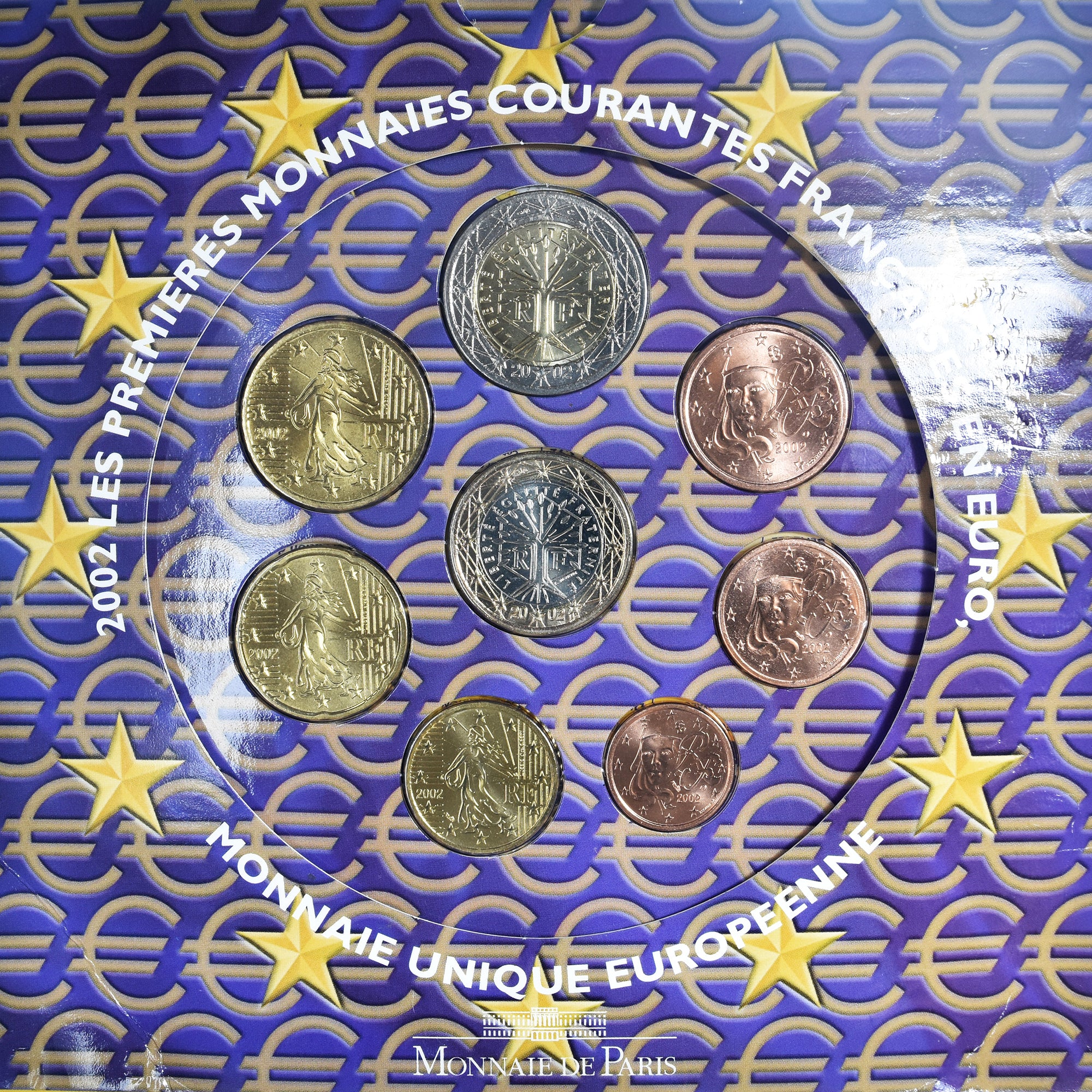 France, 1 Cent to 2 Euro, euro set, 2002, Monnaie de Paris, BU, FDC