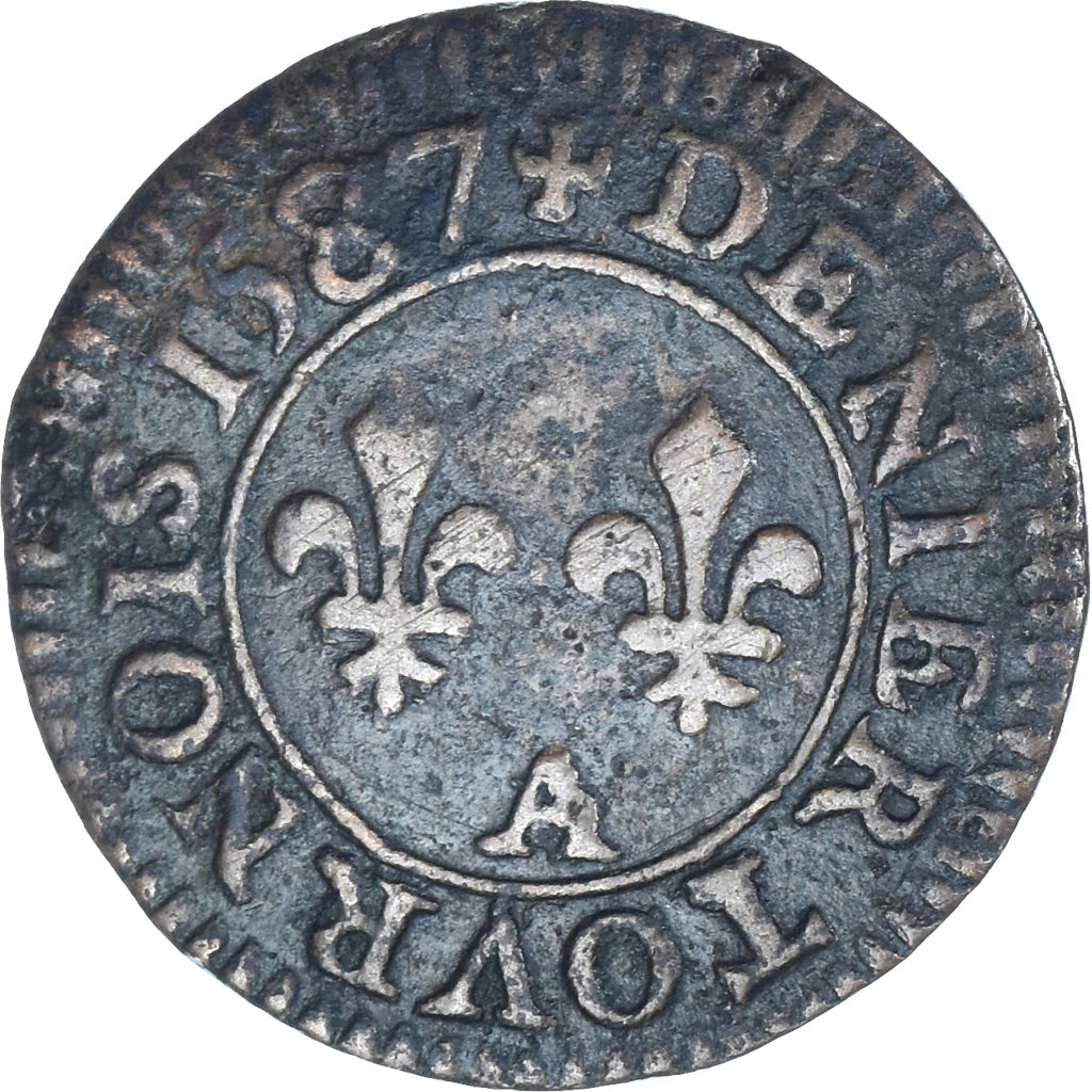 Monnaie, France, Henri III, Denier Tournois, 1587, Paris, TB, Cuivre, CGKL:84
