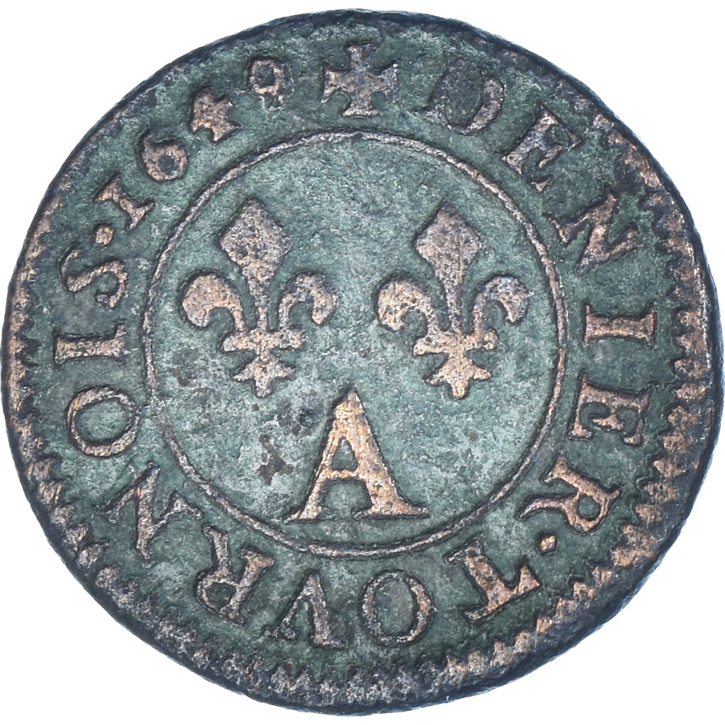 Moneta, Francia, Louis XIV, Denier Tournois, 1648, Paris, MB+, Rame, KM:167