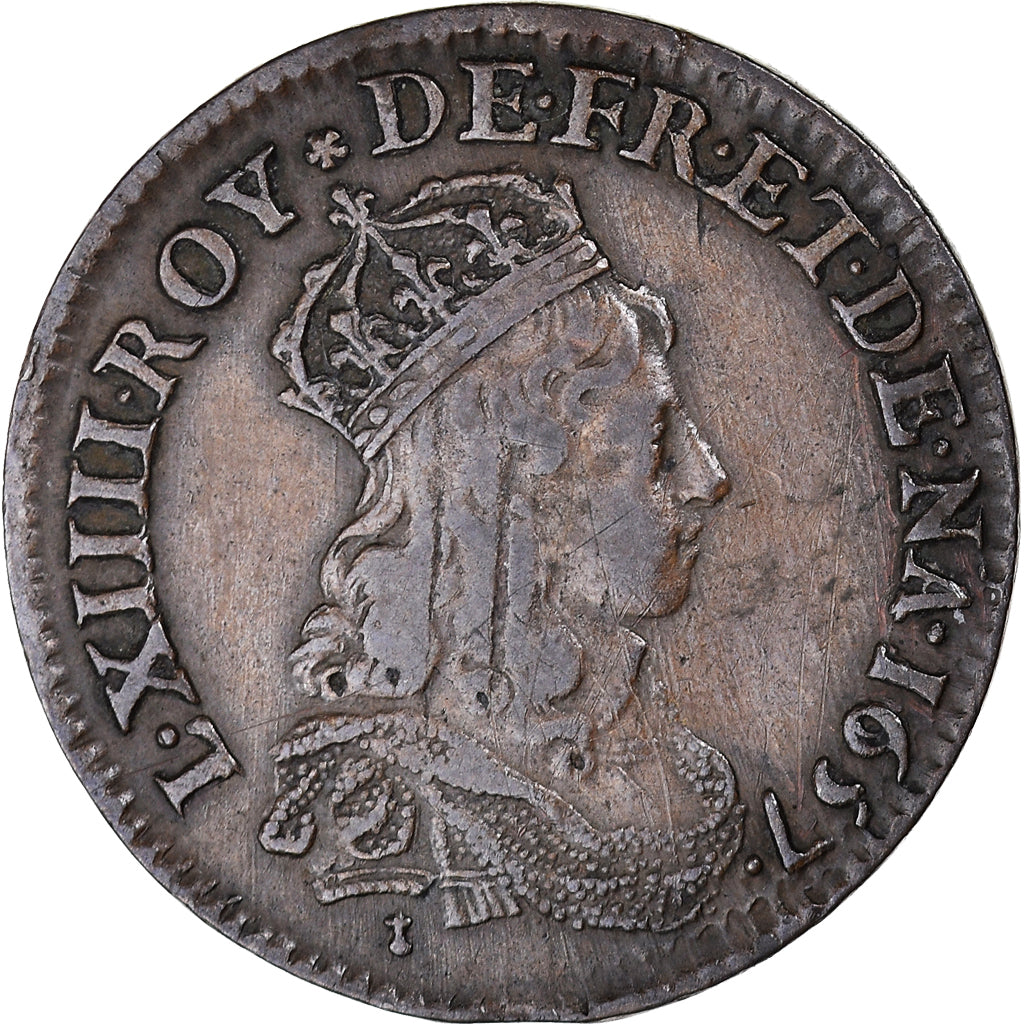 Munten, Frankrijk, Louis XIV, Liard au buste jeune, double avers, 1657, Corbeil