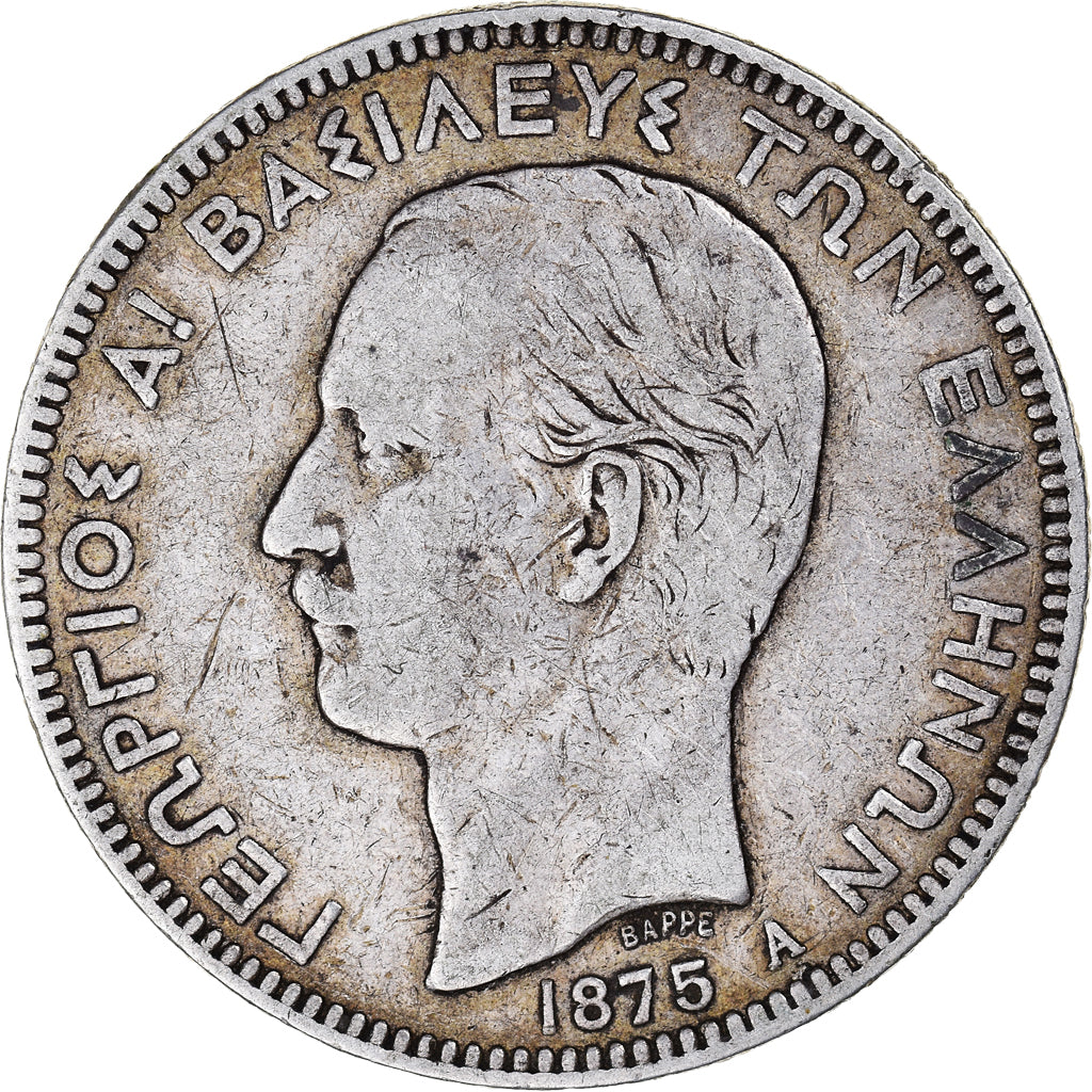 Coin, Greece, George I, 5 Drachmai, 1875, Paris, VF(30-35), Silver, KM:46