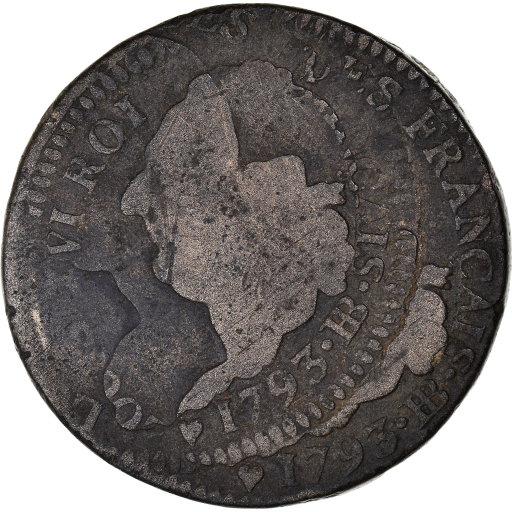 Moeda, França, Louis XVI, 2 sols Français, 1793 / AN 5, Strasbourg, VF(20-25)