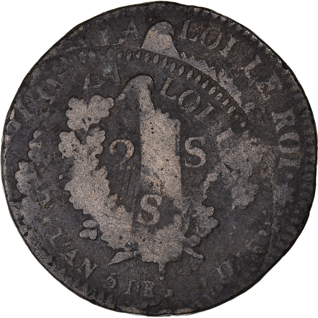 Moeda, França, Louis XVI, 2 sols Français, 1793 / AN 5, Strasbourg, VF(20-25)