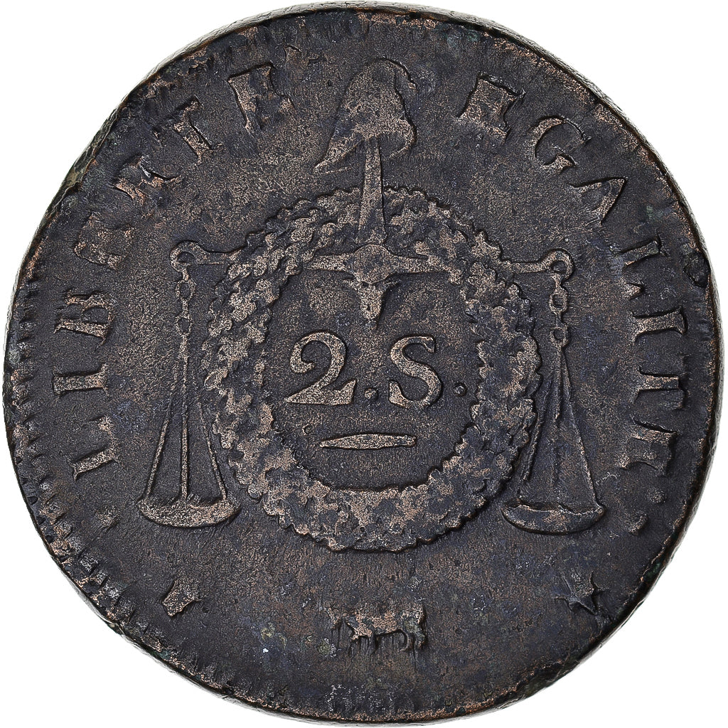 Monnaie, France, 2 sols aux balances non daté, AN II, Pau, Pedigree, TTB+