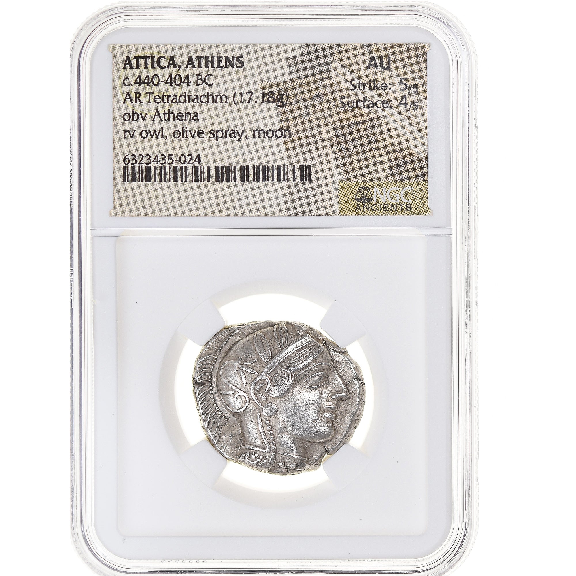 Moneda, Attica, Tetradrachm, ca. 440-404 BC, Athens, NGC, graded, AU 5/5 4/5