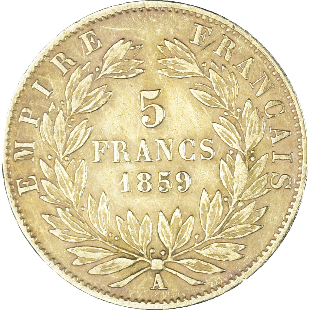 Moneta, Francia, Napoleon III, 5 Francs, 1859, Paris, BB, Oro, KM:787.1