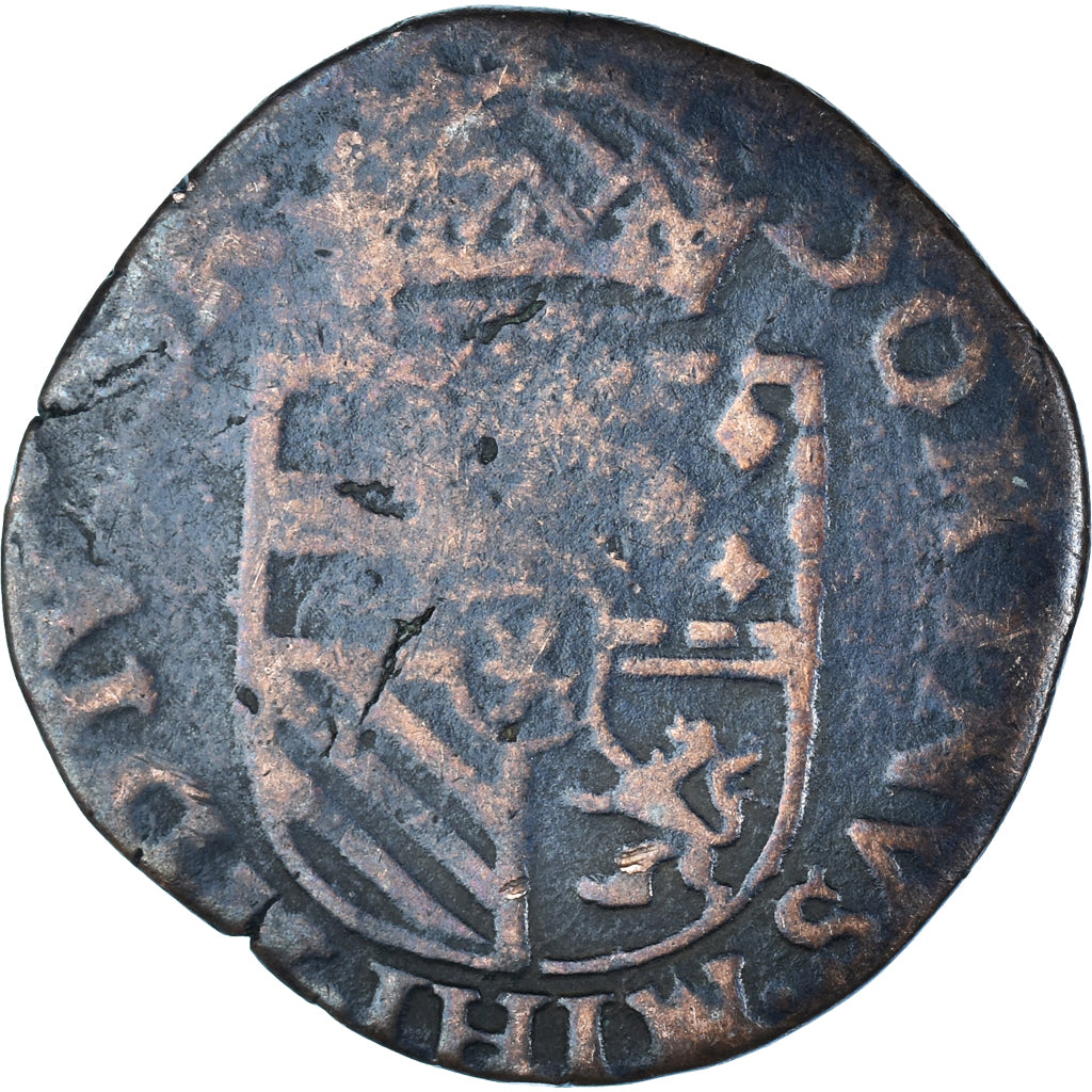 Moneda, Países Bajos españoles, Philippe II, Liard, 1587, Bruges, BC+, Cobre